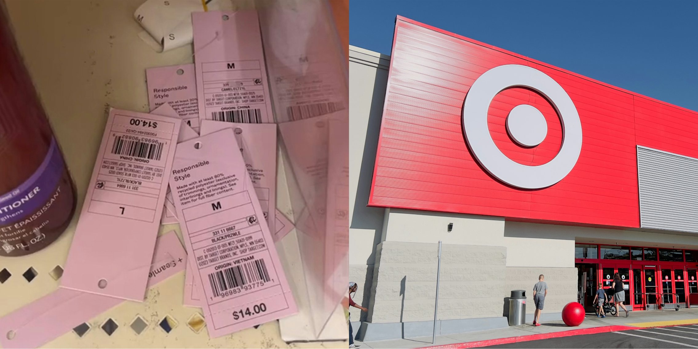 clothing tags removed on Target shelf (l) Target store entrance with sign (r)