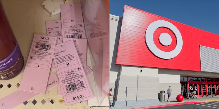 clothing tags removed on Target shelf (l) Target store entrance with sign (r)