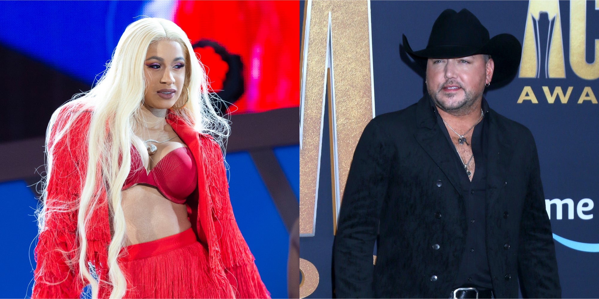 Cardi B in front of blue and red background (l) Jason Aldean in front of blue and gold background (r)