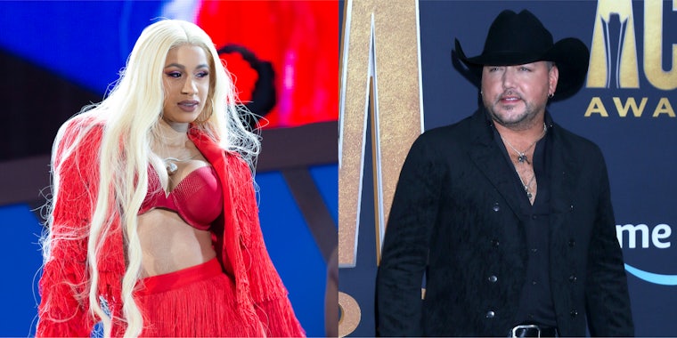 Cardi B in front of blue and red background (l) Jason Aldean in front of blue and gold background (r)