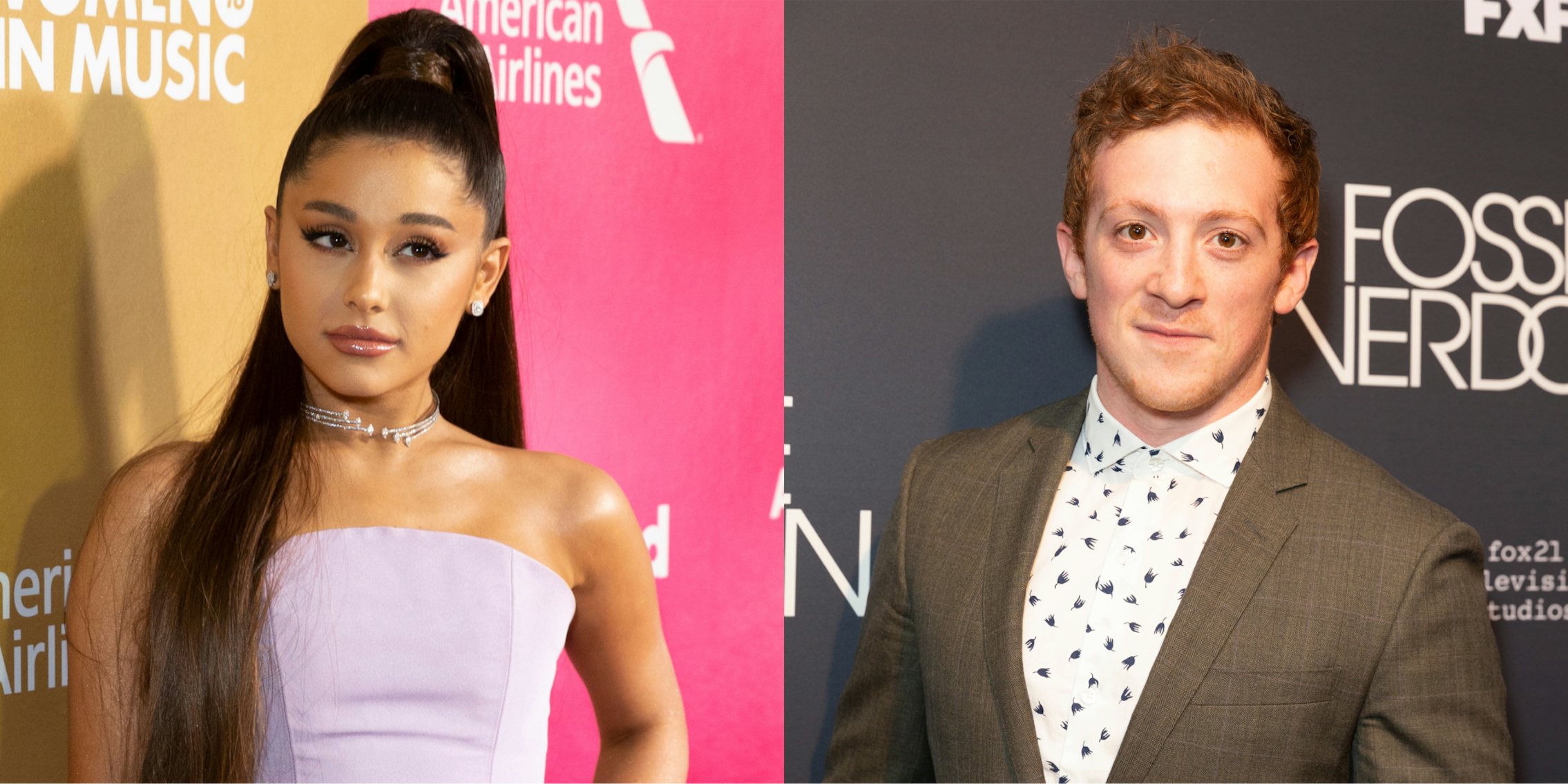 Ariana Grande in front of yellow and pink background (l) Ethan Slater in front of grey background (r)