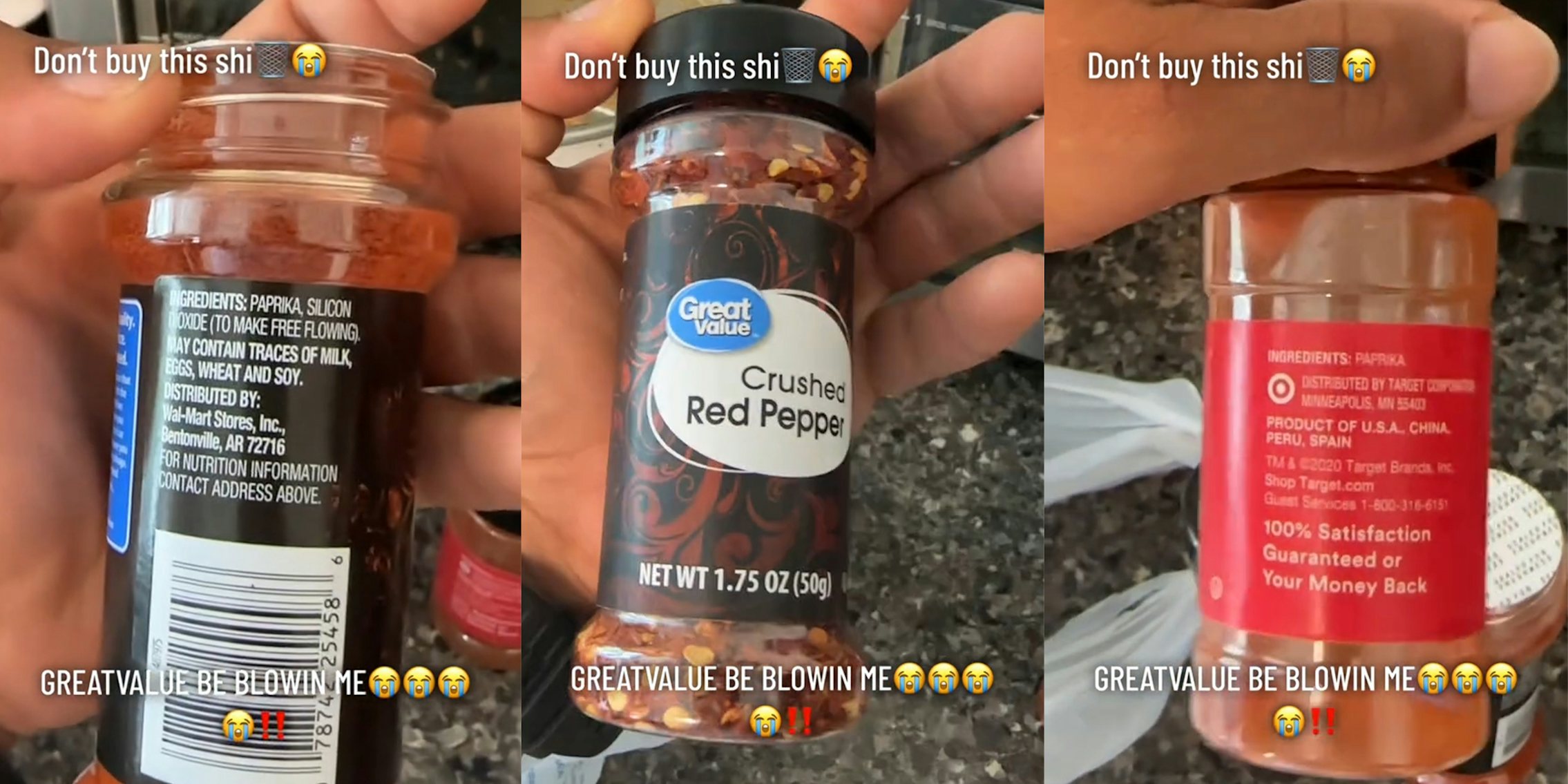 Customer calls out Great Value red chili flakes for missing ingredients on label
