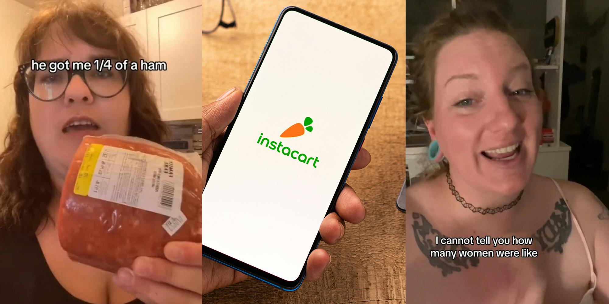 Woman Holding 1/4 of a ham; (c) Holding Phone with Instacart logo