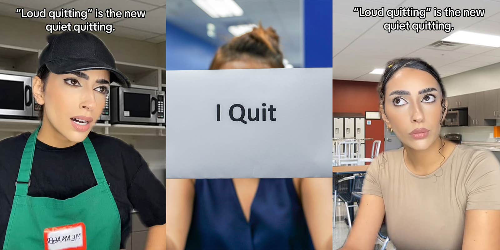 (l)Woman wearing black clothes and green apron(c) Woman holding up an I quit Sign (r) woman wearing beige blouse in office