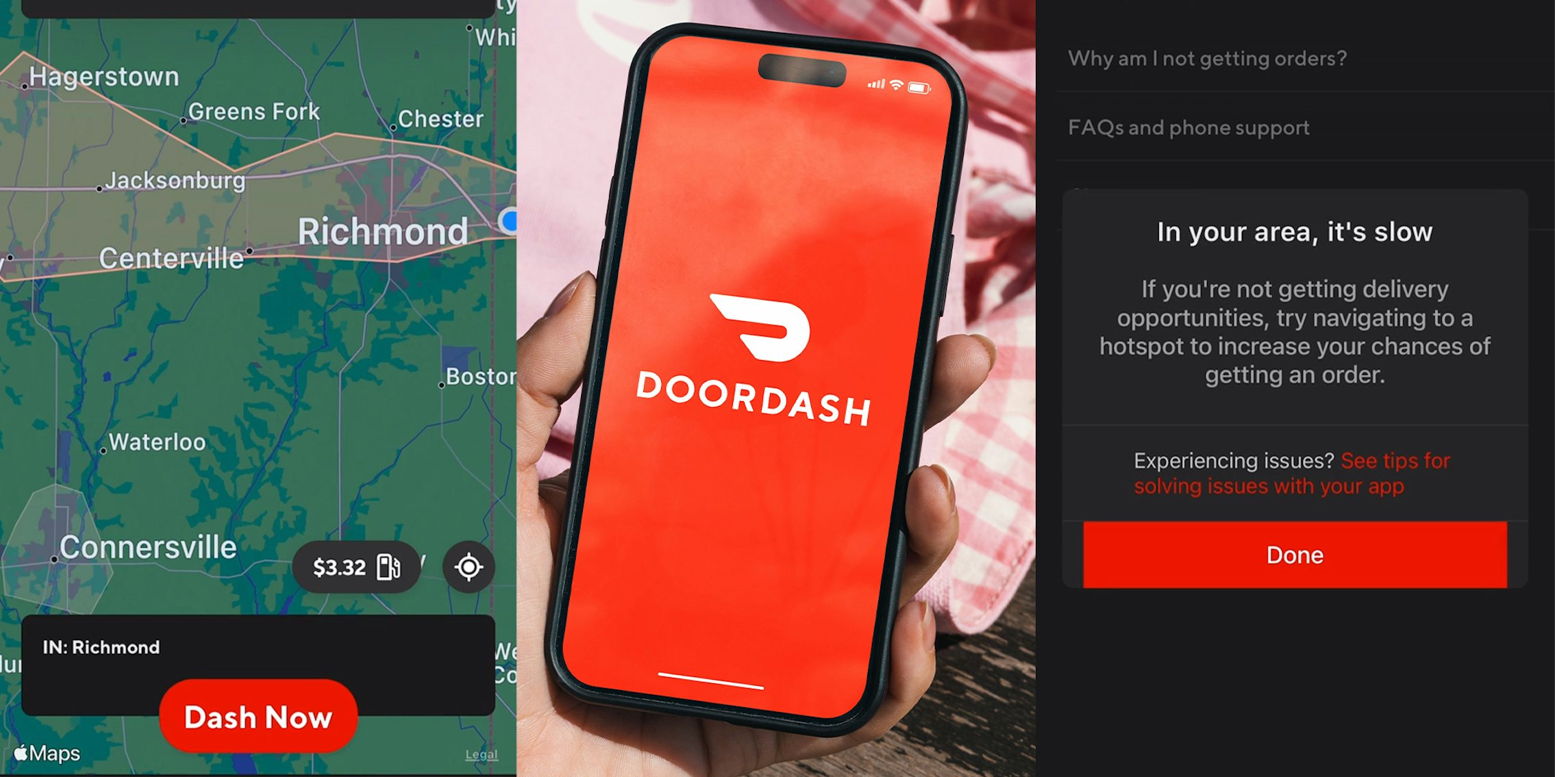 App Screenshot of Door Dash Map; Hold iPhone with DoorDash Loading Screen