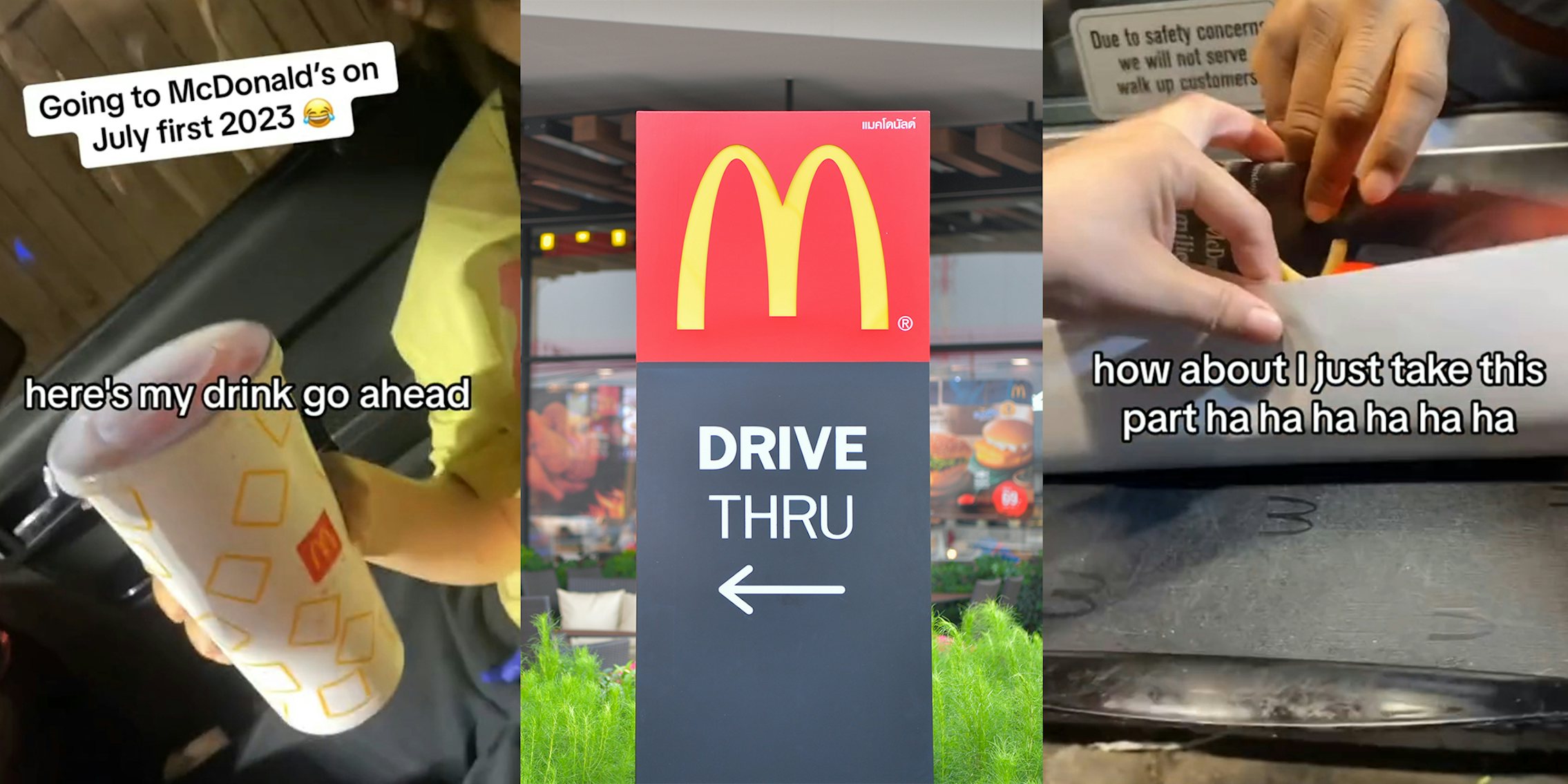 McDonald's drive-thru worker hands customer's order on a tray after bag fee policy is implemented