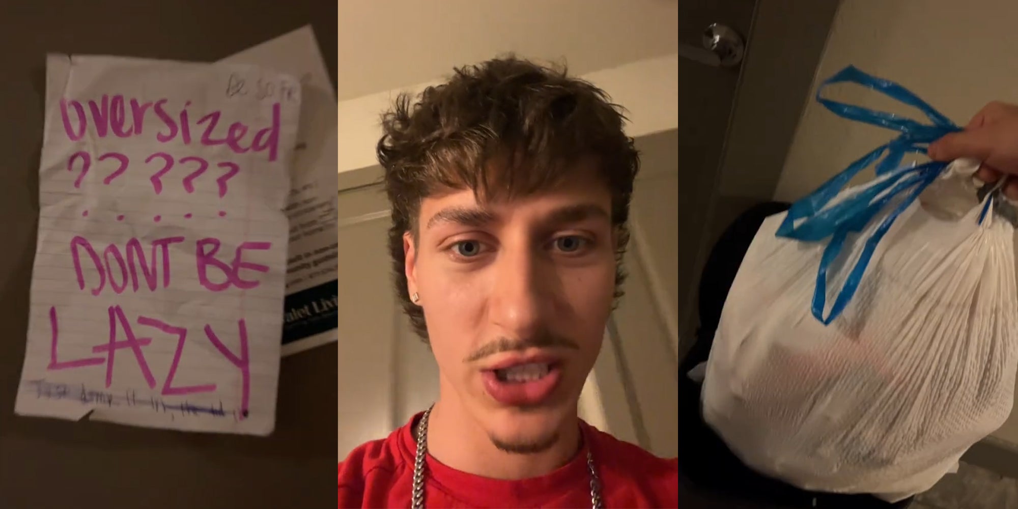 Apartment tenant gets note from his building's door-to-door trash service saying his bag is 'oversized