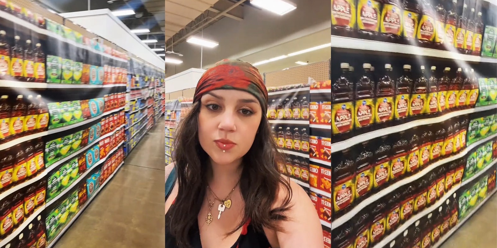 Shopper finds empty shelves covered with printed photos of food at grocery store