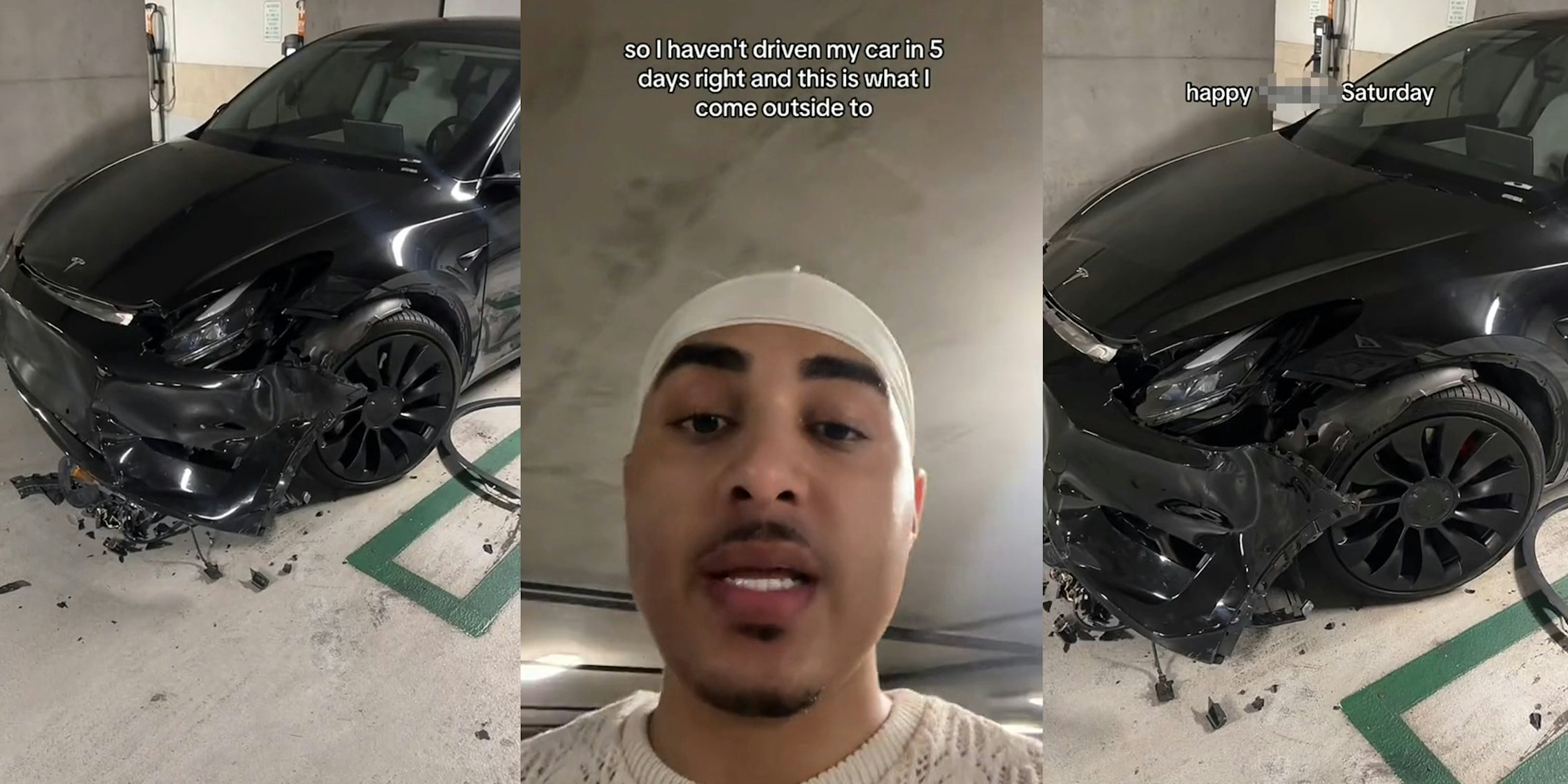 Tenant finds their Tesla smashed up in apartment parking garage