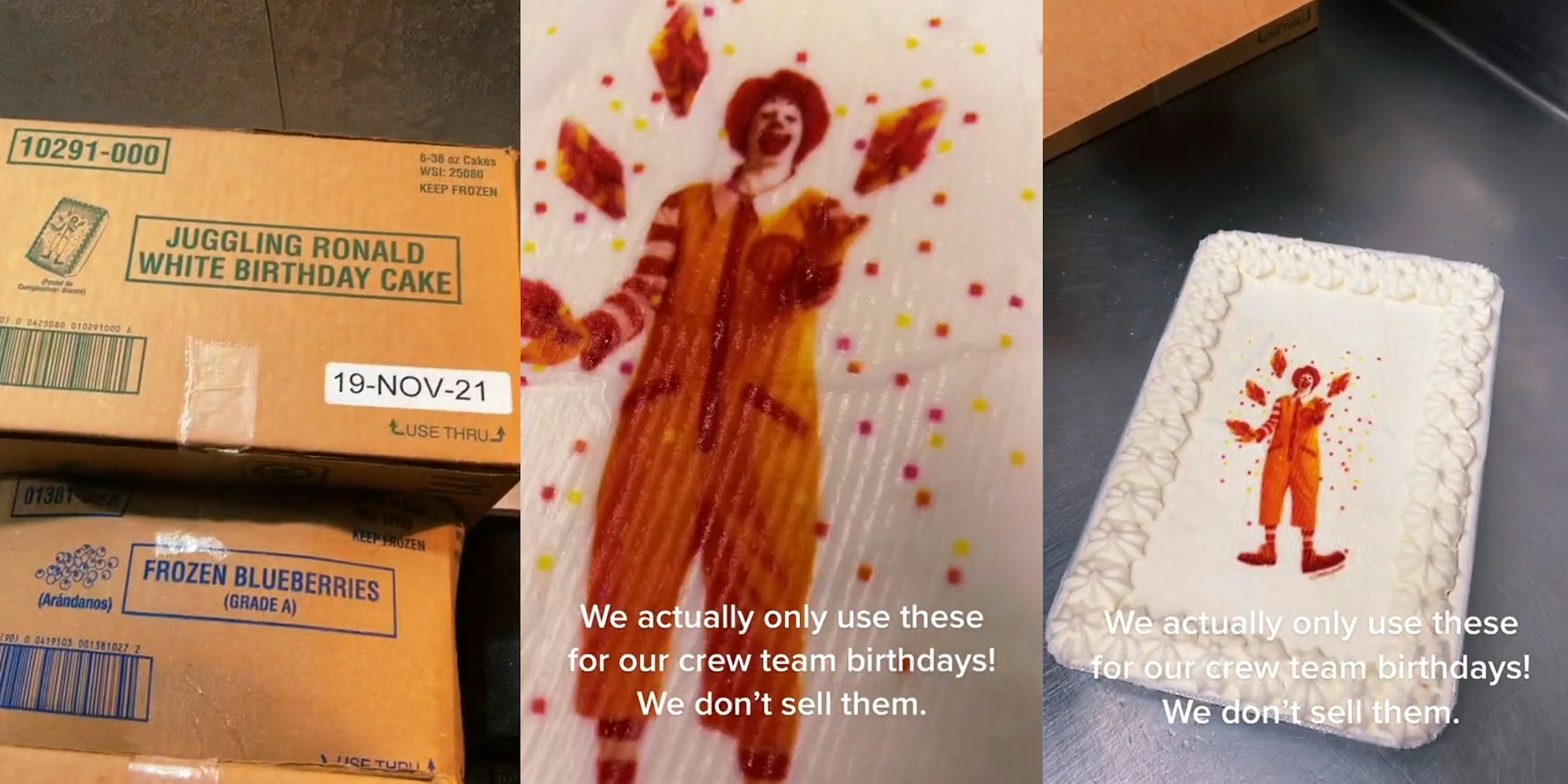McDonald's worker shows off Ronald McDonald birthday cake used for employees.