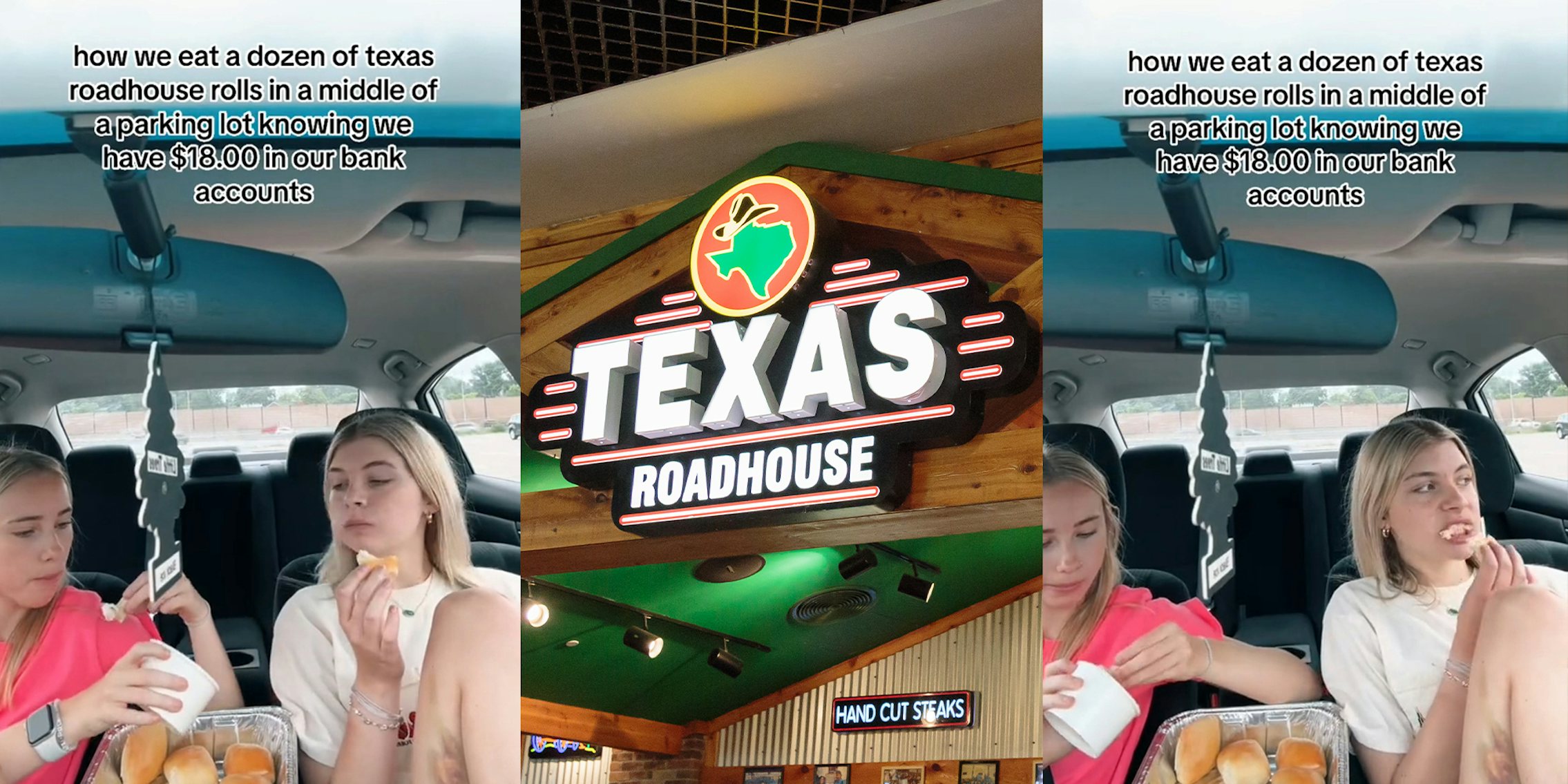 Texas Roadhouse customers with '$18 in their bank account' share a dozen rolls in parking lot.