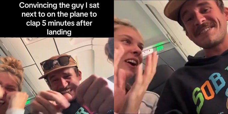 Two strangers on an airplane prank other passengers