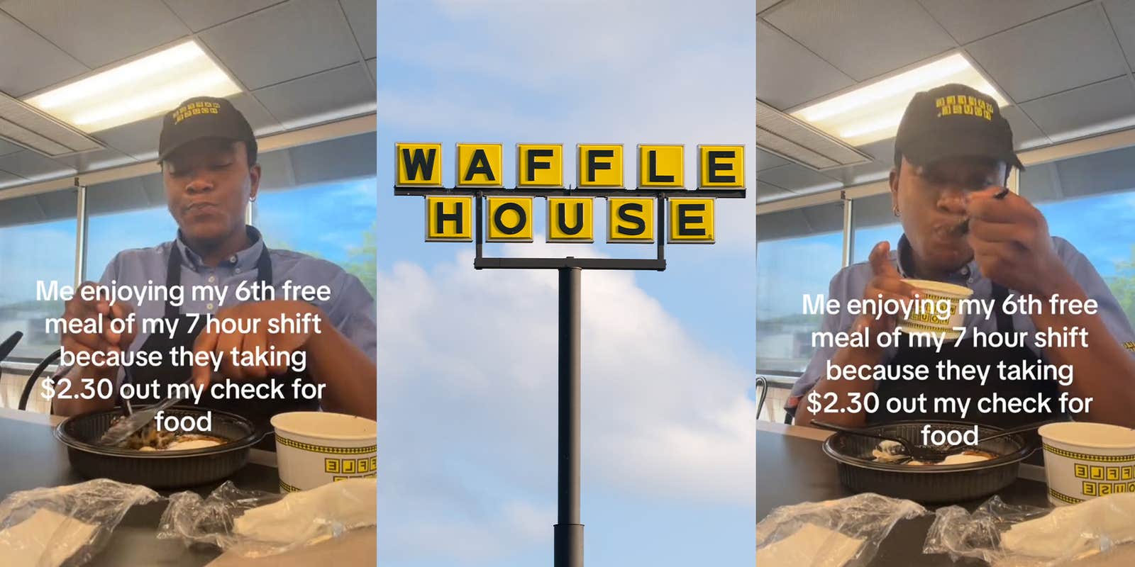 Waffle House worker eating a meal at the restaurant