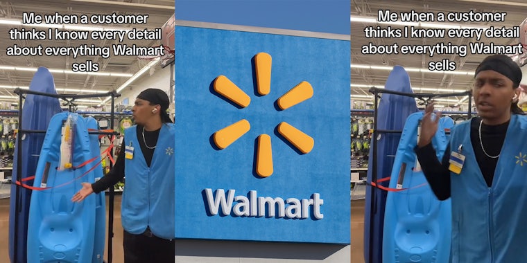 Walmart Employee inside of store beside Kayak