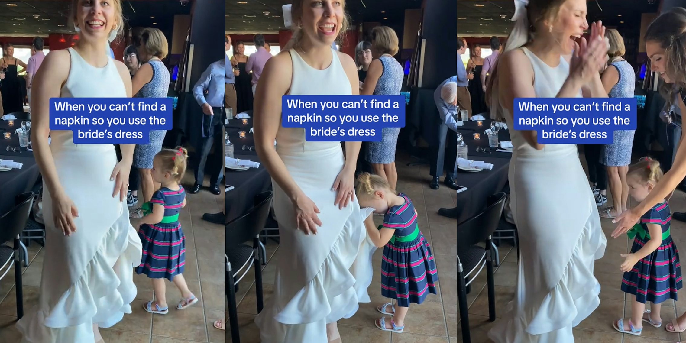 Child uses bride's wedding dress as a tissue