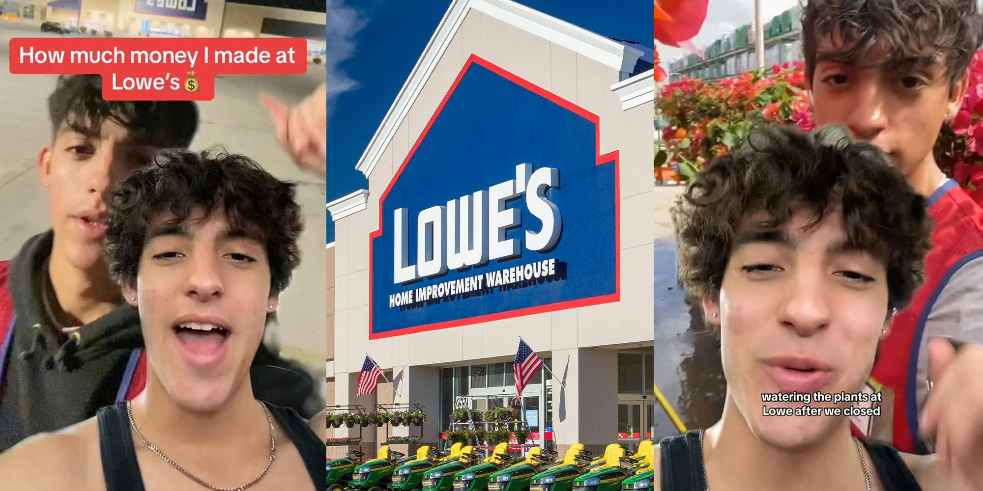 Guy wearing black tank top with a green screen image of himself in the background working at Lowe's