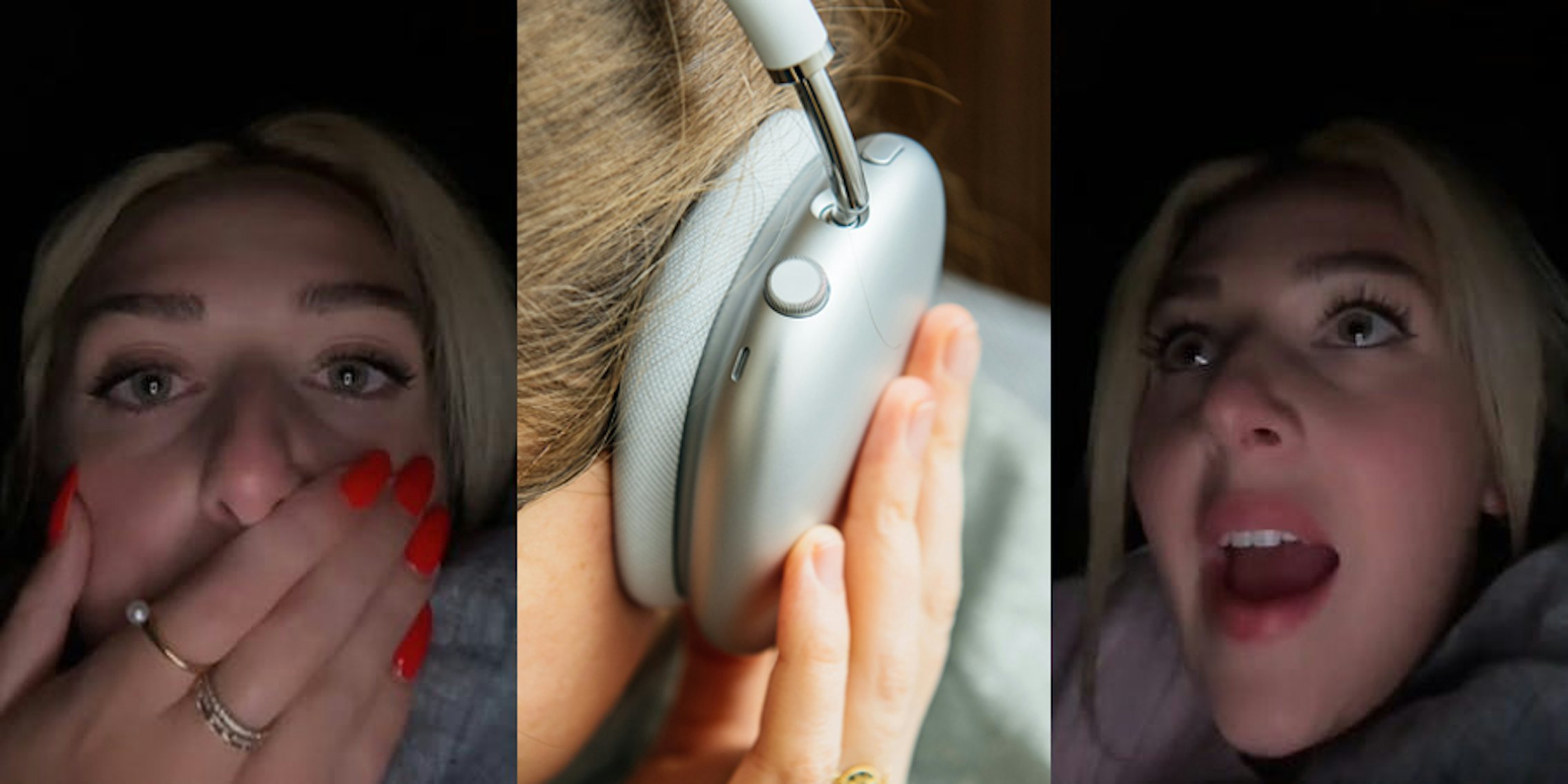 passenger speaking (l) woman with AirPod Max headphones on ear (c) passenger speaking (r)