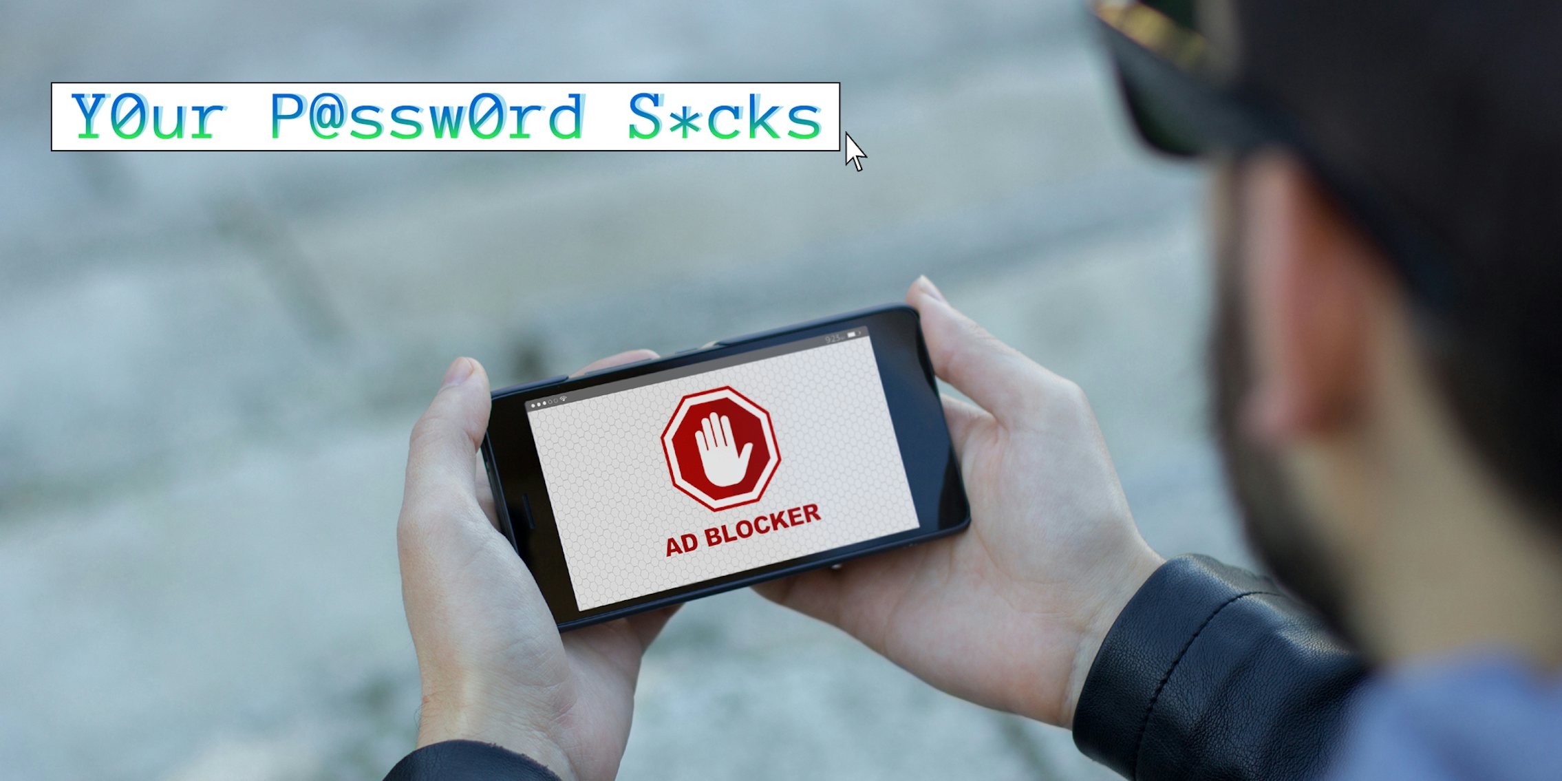A person holding a phone with the words 'Ad Blocker' on it. The Daily Dot web_crawlr column Your Password Sucks logo is in the top left corner.