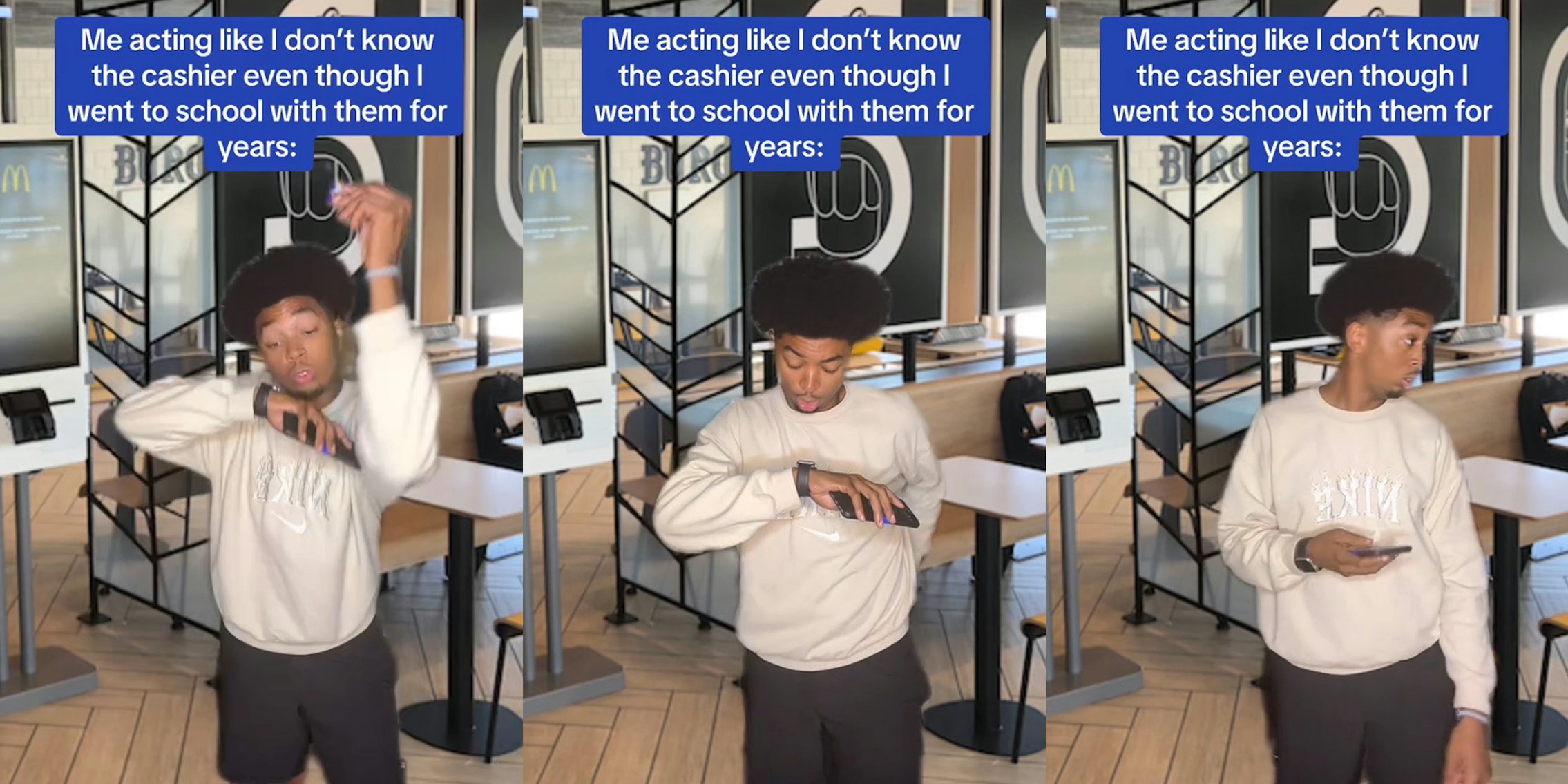 customer greenscreen TikTok over McDonald's checkout background with caption 'Me acting like I don't know the cashier even tho I went to school with them for years:' (l) customer greenscreen TikTok over McDonald's checkout background with caption 'Me acting like I don't know the cashier even tho I went to school with them for years:' (c) customer greenscreen TikTok over McDonald's checkout background with caption 'Me acting like I don't know the cashier even tho I went to school with them for years:' (r)