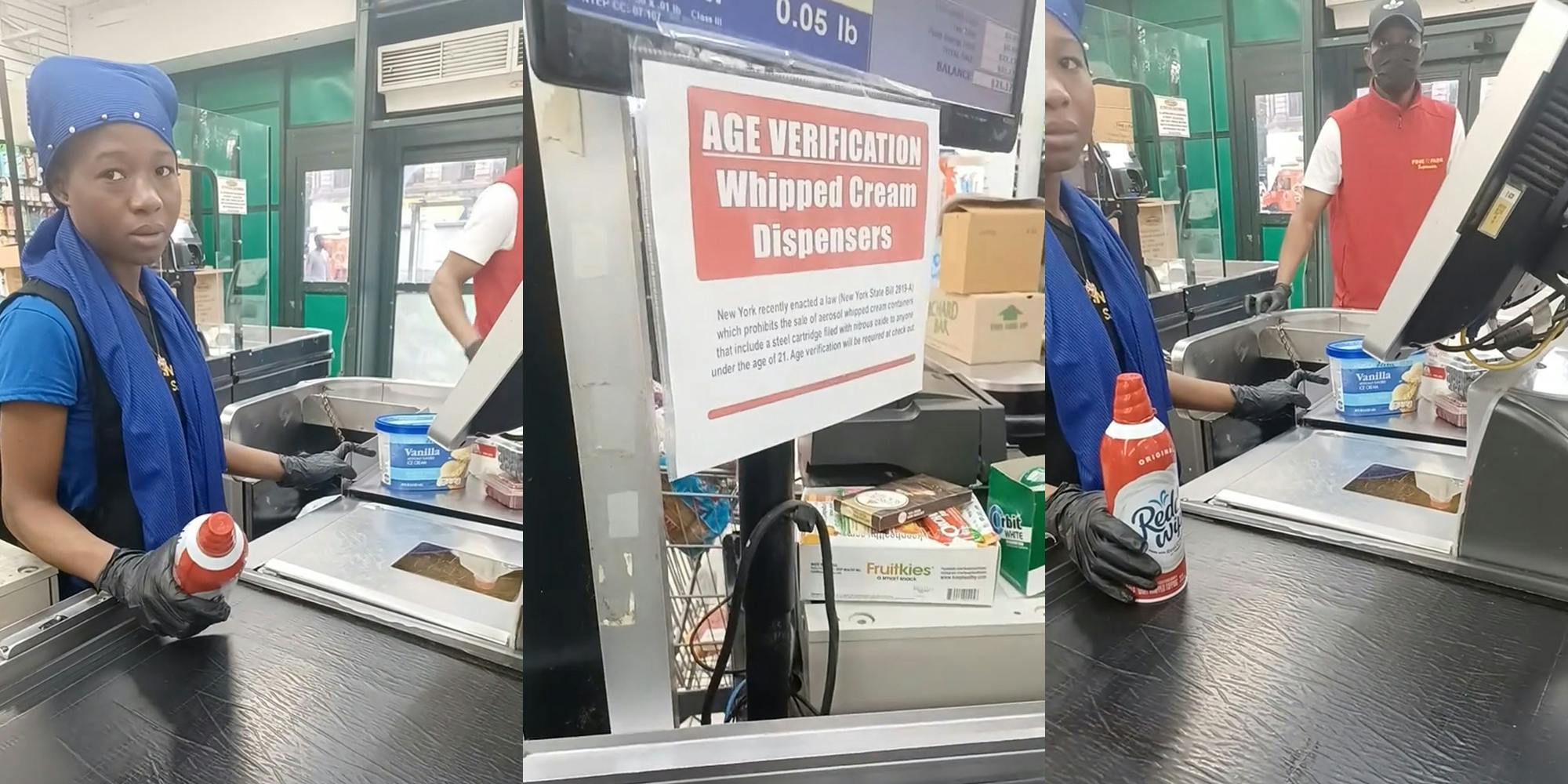 cashier with whipped cream at checkout (l) sign at checkout "AGE VERIFICATION Whipped Cream Dispensers" (c) cashier with whipped cream at checkout (r)