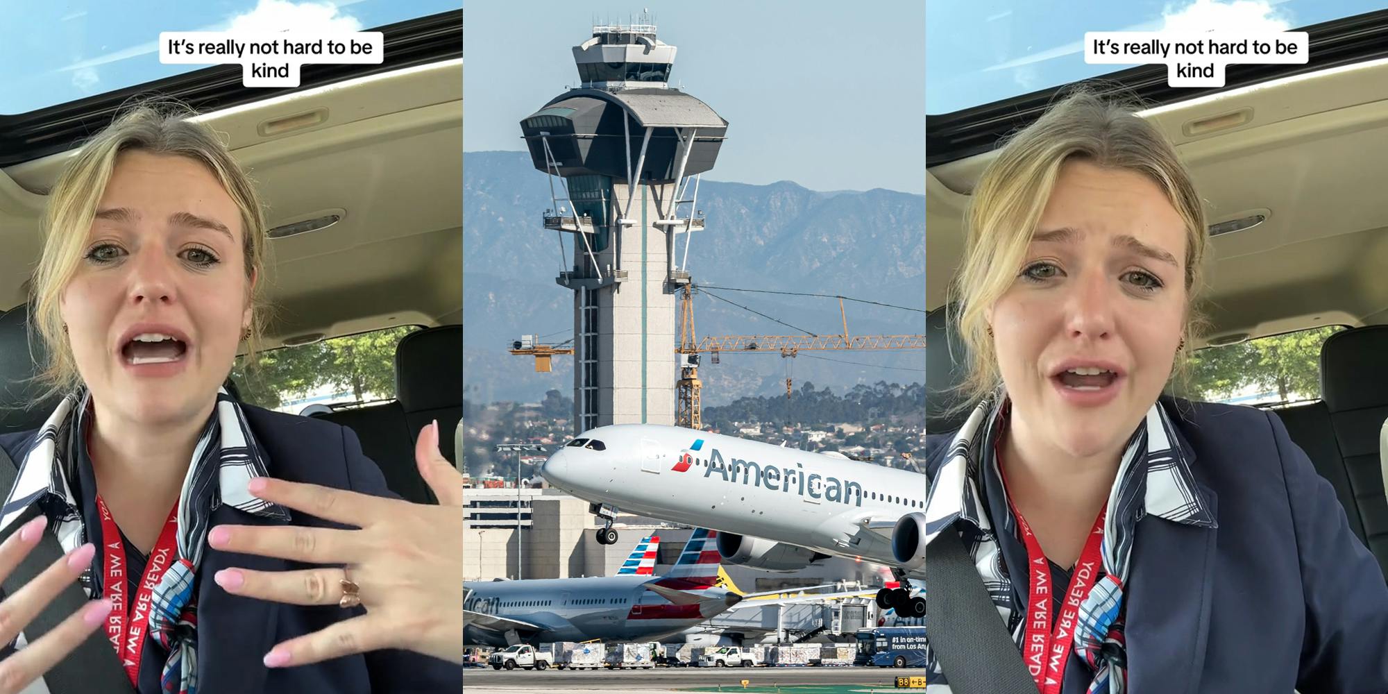 American Airlines worker speaking in car with caption "It's really not hard to be kind" (l) American Airlines plane in runway (c) American Airlines worker speaking in car with caption "It's really not hard to be kind" (r)