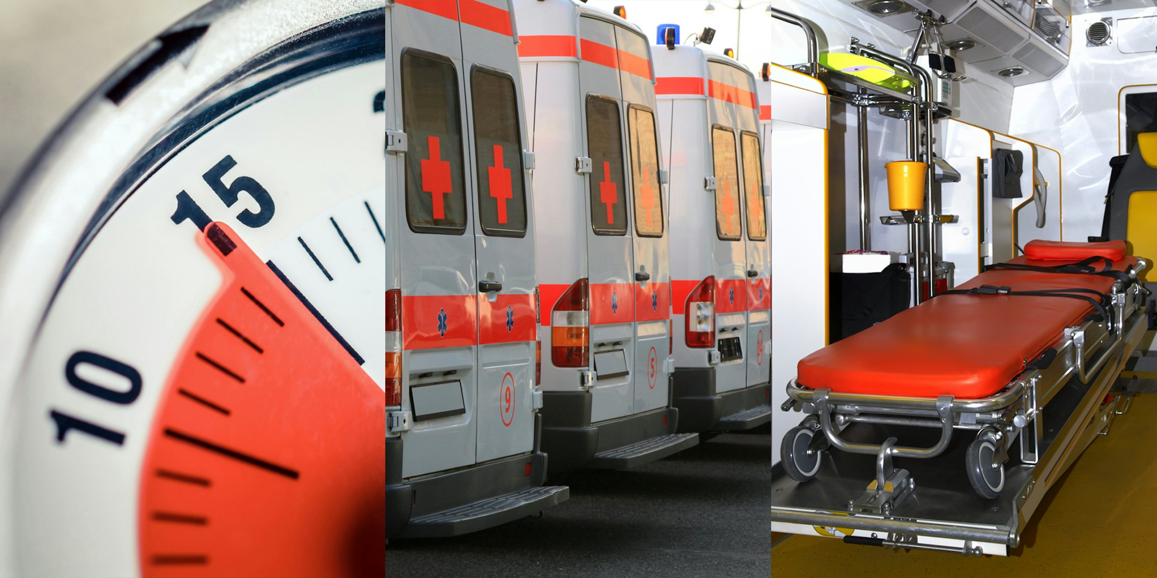15 minute mark on timer (l) ambulances lined up (c) ambulance interior (r)