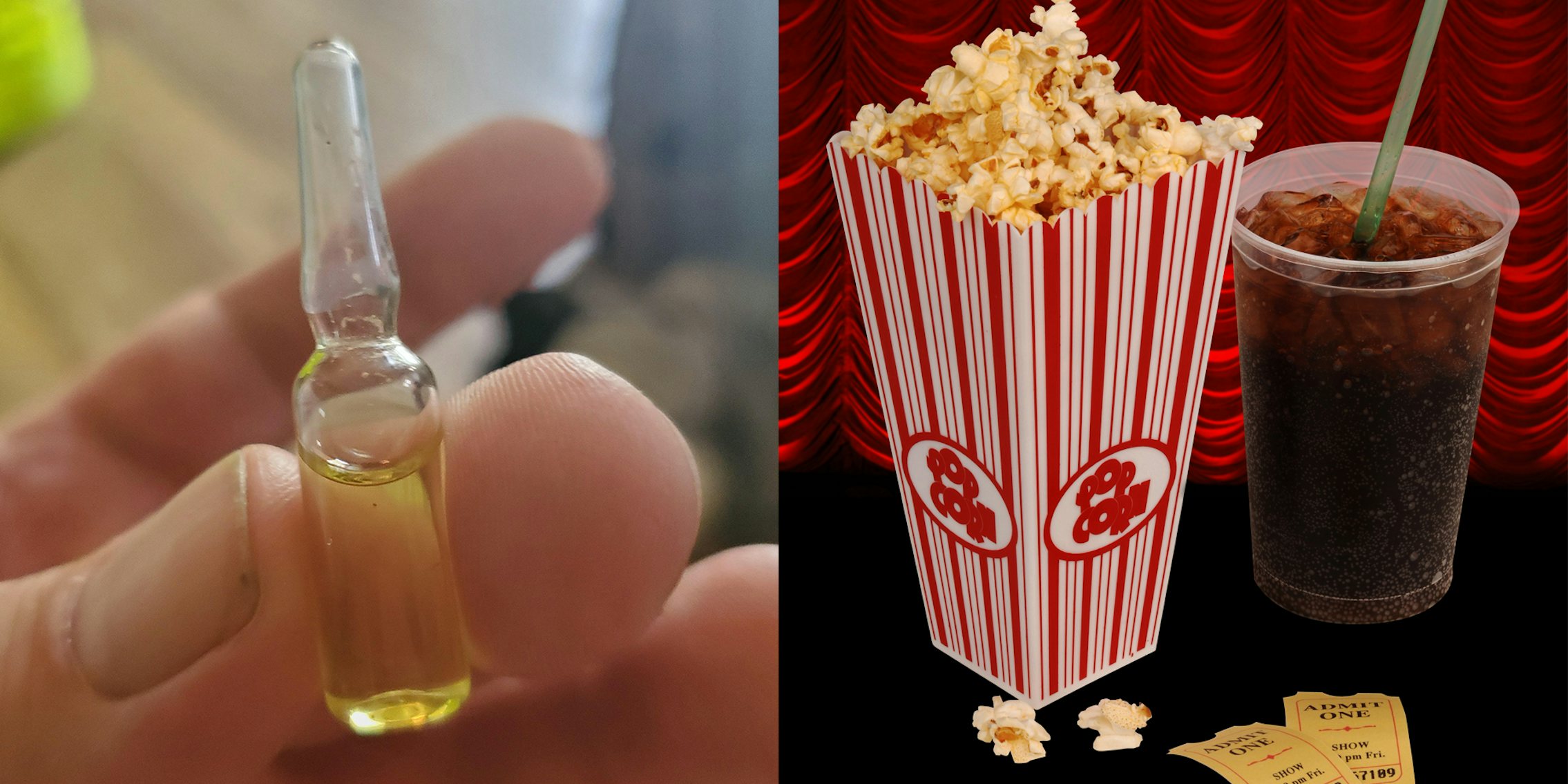 hand holding ampule of liquid (l) movie theater popcorn and soda (r)