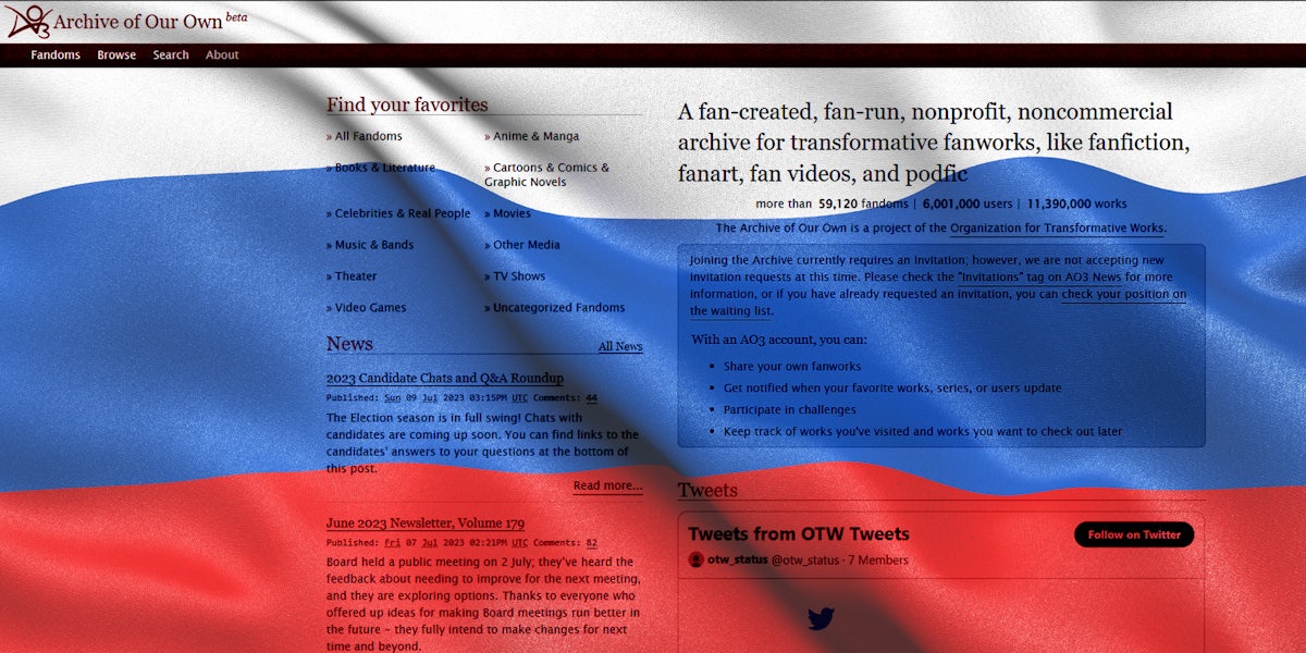 Archive of Our Own website homepage with Russian Flag overlay