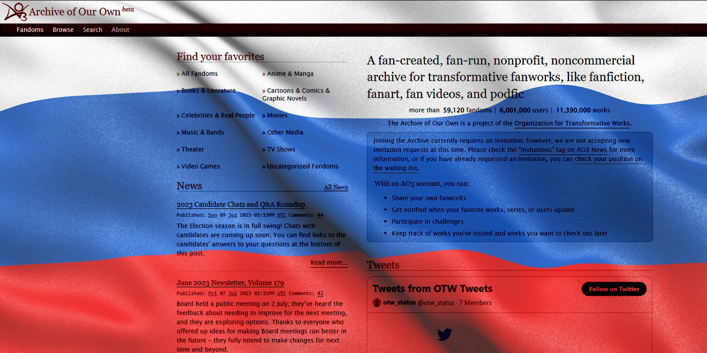 Archive of Our Own website homepage with Russian Flag overlay