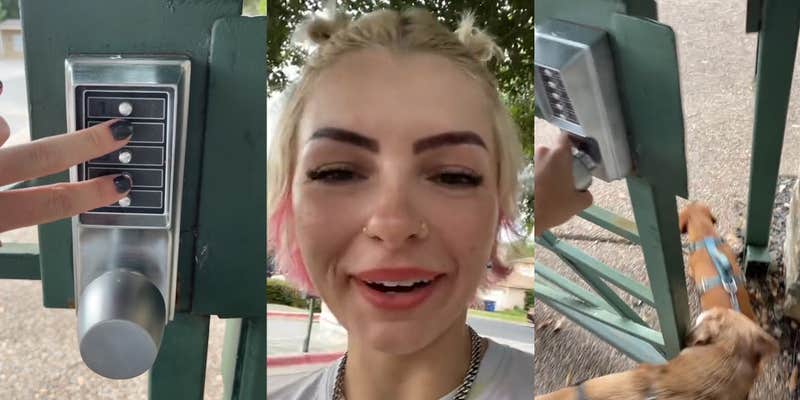 woman pressing buttons on apartment gate (l) woman speaking outside (c) woman opening apartment gate letting dogs through (r)