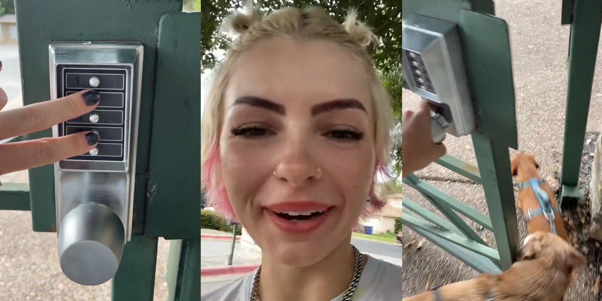 woman pressing buttons on apartment gate (l) woman speaking outside (c) woman opening apartment gate letting dogs through (r)