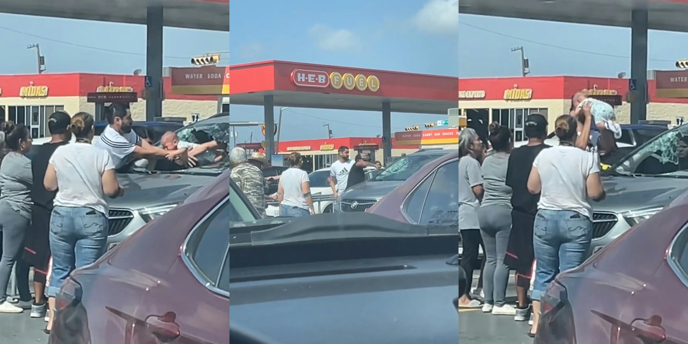 people taking baby out of car at HEB fuel station (l) people surrounding car with baby inside at HEB fuel station (c) people surrounding car holding baby at HEB fuel station (r)