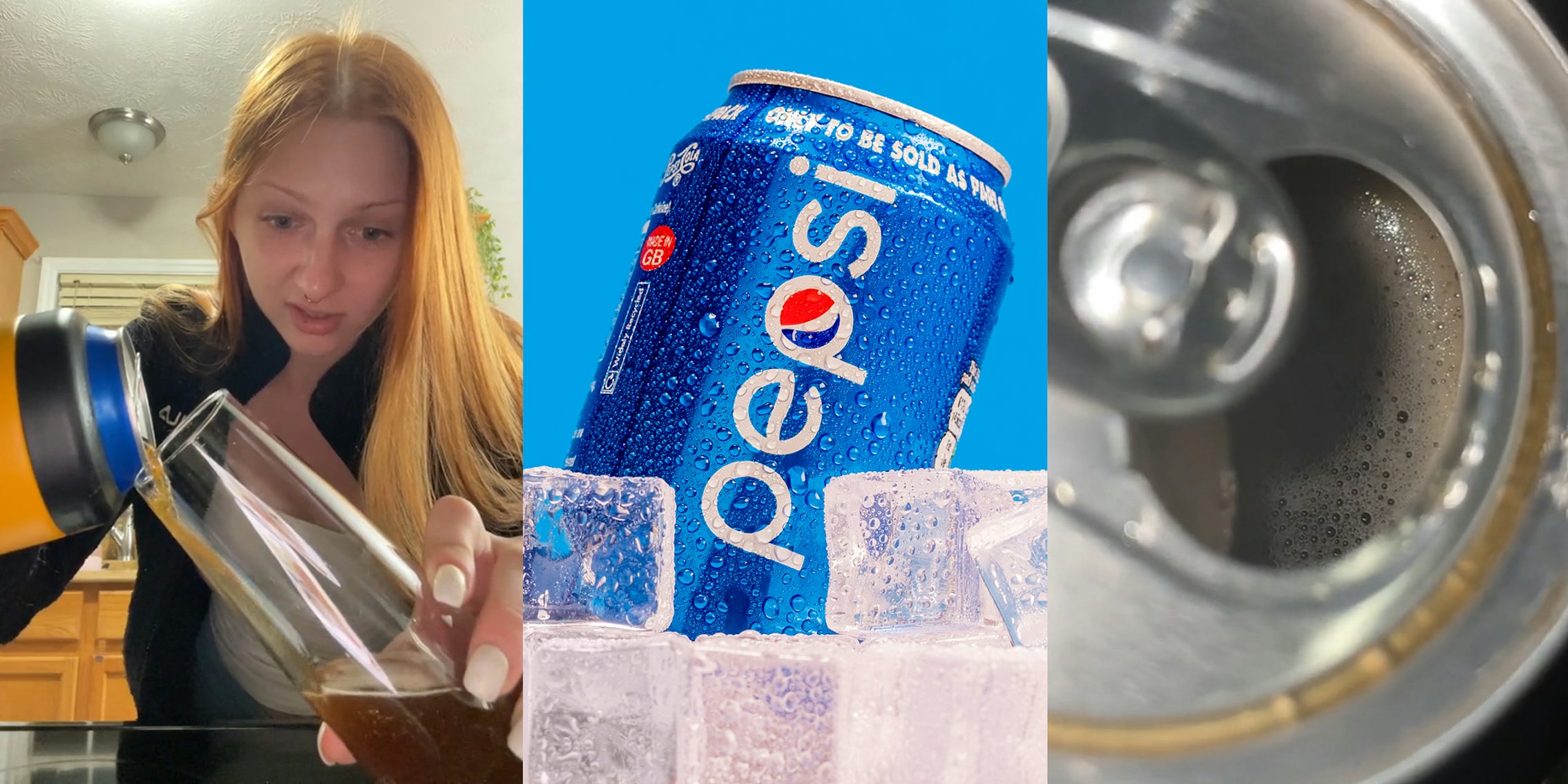 Pepsi customer pouring Pepsi from can into glass (l) Pepsi in can with ice in front of blue background (c) Pepsi in can (r)