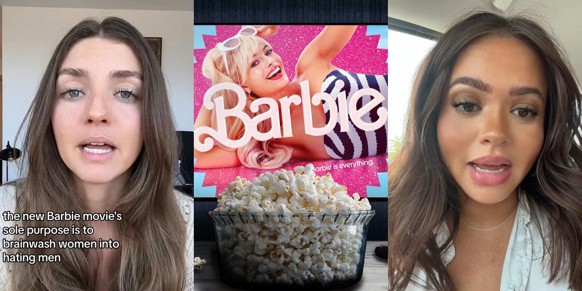 woman speaking with caption "the new Barbie movie's sole purpose is to brainwash women into hating men" (l) Barbie movie on TV in front of bowl of popcorn on coffee table (c) woman speaking (r)
