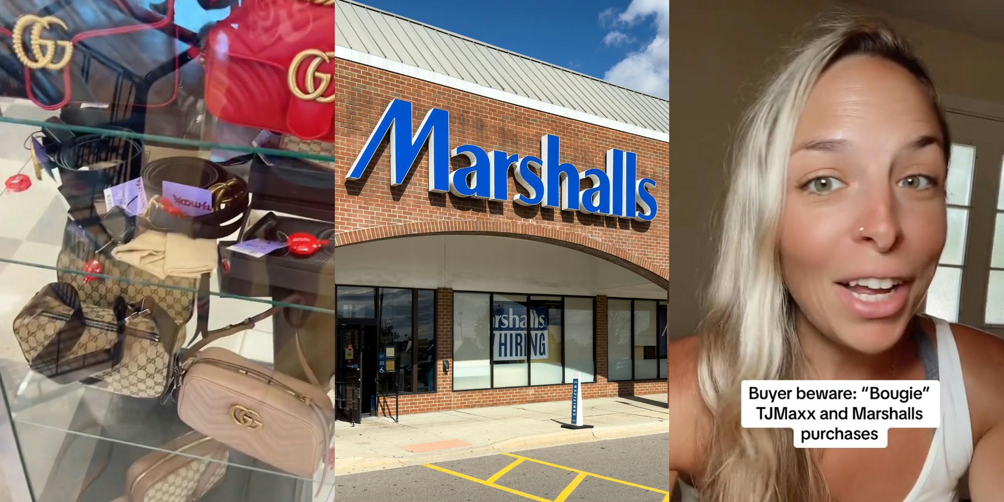 designer goods on display at Marshalls/TJ Maxx (l) Marshalls building with sign (c) woman speaking with caption "Buyer beware: "Boujie" TJMAXX and Marshalls purchases" (r)