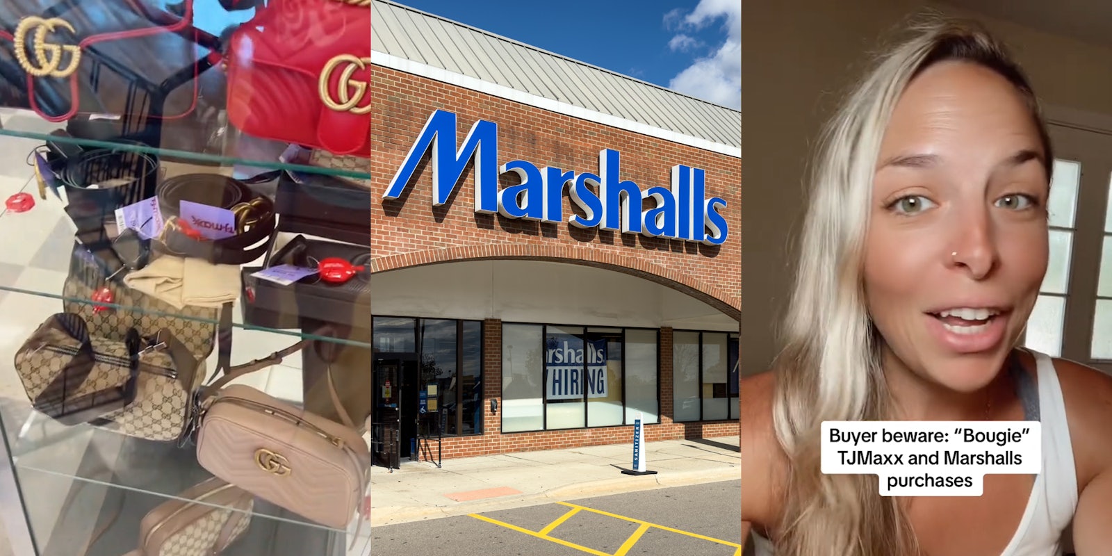 designer goods on display at Marshalls/TJ Maxx (l) Marshalls building with sign (c) woman speaking with caption 'Buyer beware: 'Boujie' TJMAXX and Marshalls purchases' (r)