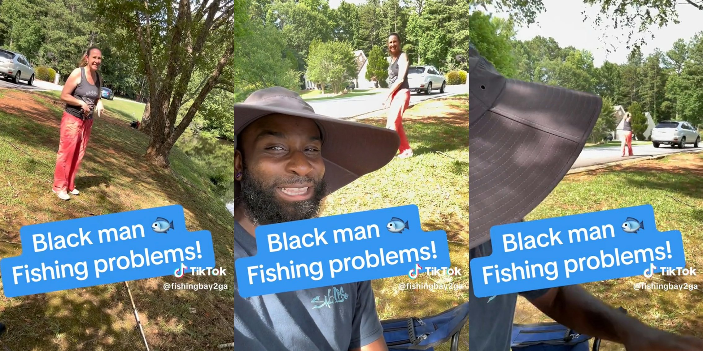 white woman approaching a Black man fishing and then walking away
