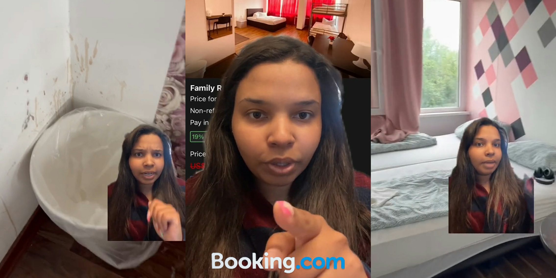 hotel guest greenscreen TikTok over image of room's messy trash can area with stains on wall (l) hotel guest greenscreen TikTok over image of Booking.com image of hotel room with Booking.com logo at bottom (c) hotel guest greenscreen TikTok over image of hotel room that looks different from Booking.com images (r)