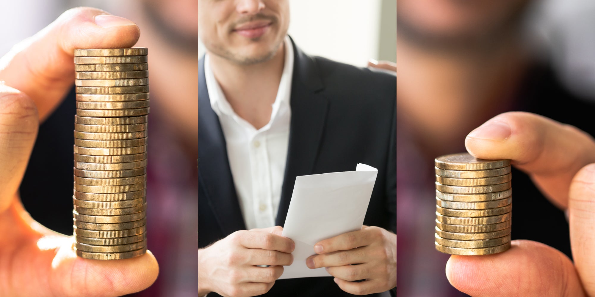 business man hand holding tall stack of coins (l) ceo smiling holding paper (c) business mam hand holding short stack of coins (r)