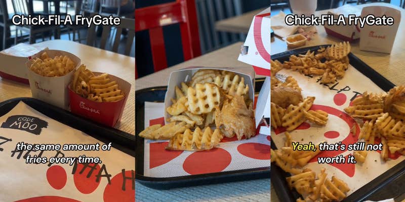 Chick-Fil-A fries on tray with caption "Chick-Fil-A FryGate the same amount of fries, every time." (l) Chick-Fil-A fries on tray at restaurant (c) Chick-Fil-A fries on tray with caption "Chick-Fil-A FryGate yeah, that's still not worth it." (r)