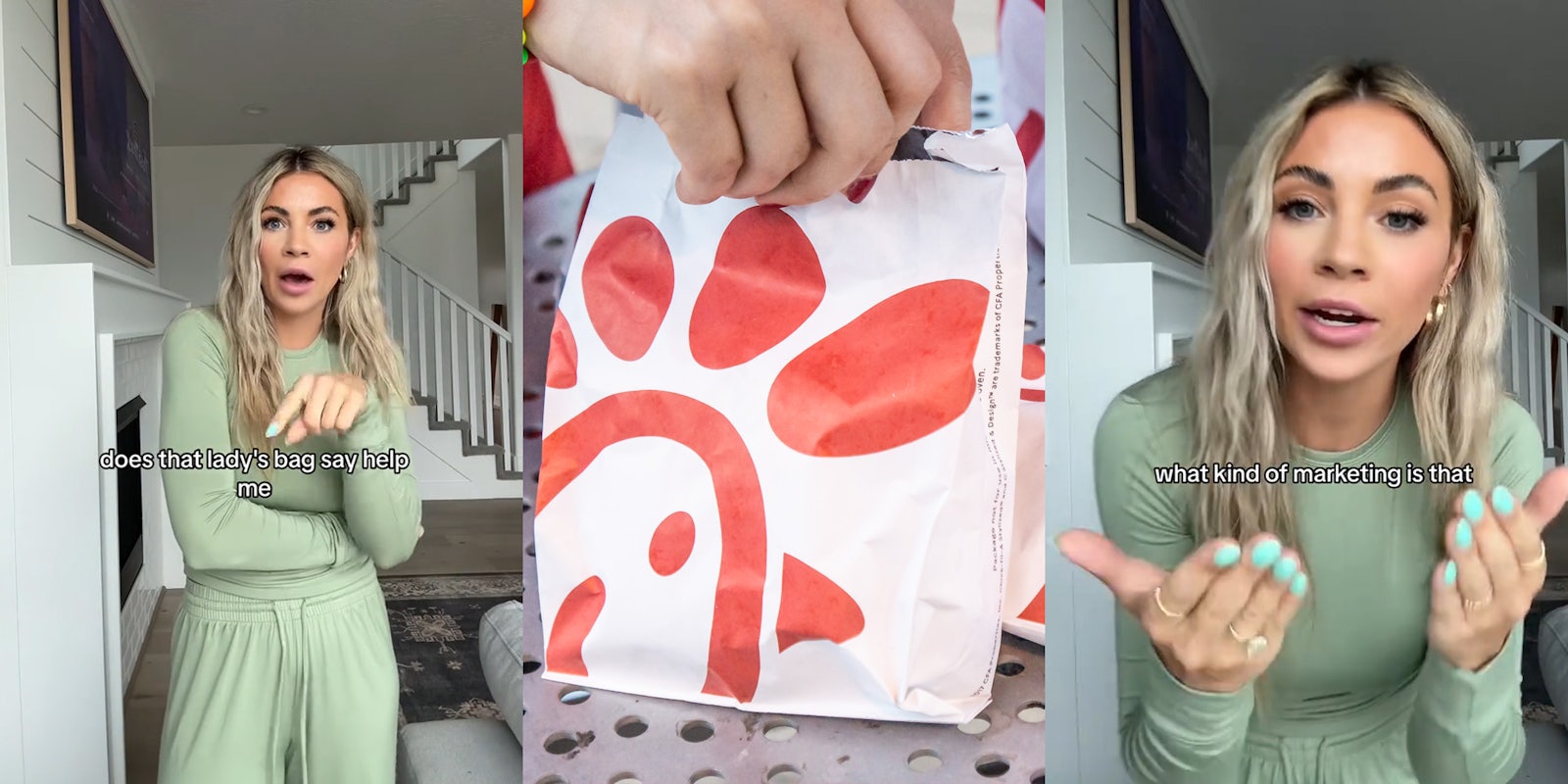Chick-fil-A customer speaking with caption 'does that lady's bag say help me' (l) hand holding Chick-fil-A bag on metal table (c) Chick-fil-A customer speaking with caption 'what kind of marketing is that' (r)