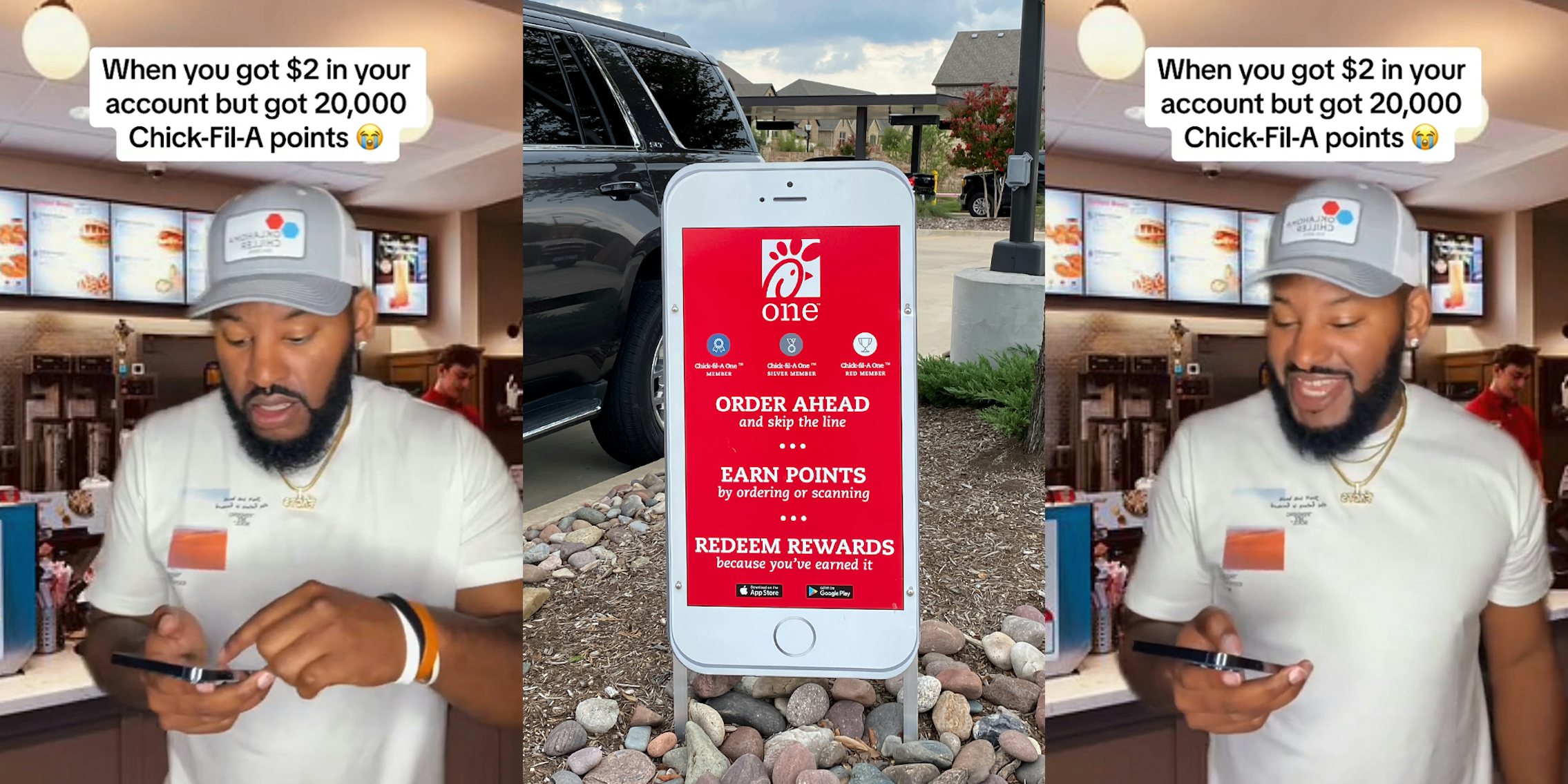 Chick-Fil-A customer greenscreen TikTok over interior of restaurant with caption 'When you got $2 in your bank account but got 20,000 Chick-Fil-A points' (l) Chick-Fil-A drive thru sign for ordering ahead and earning points (c) Chick-Fil-A customer greenscreen TikTok over interior of restaurant with caption 'When you got $2 in your bank account but got 20,000 Chick-Fil-A points' (r)