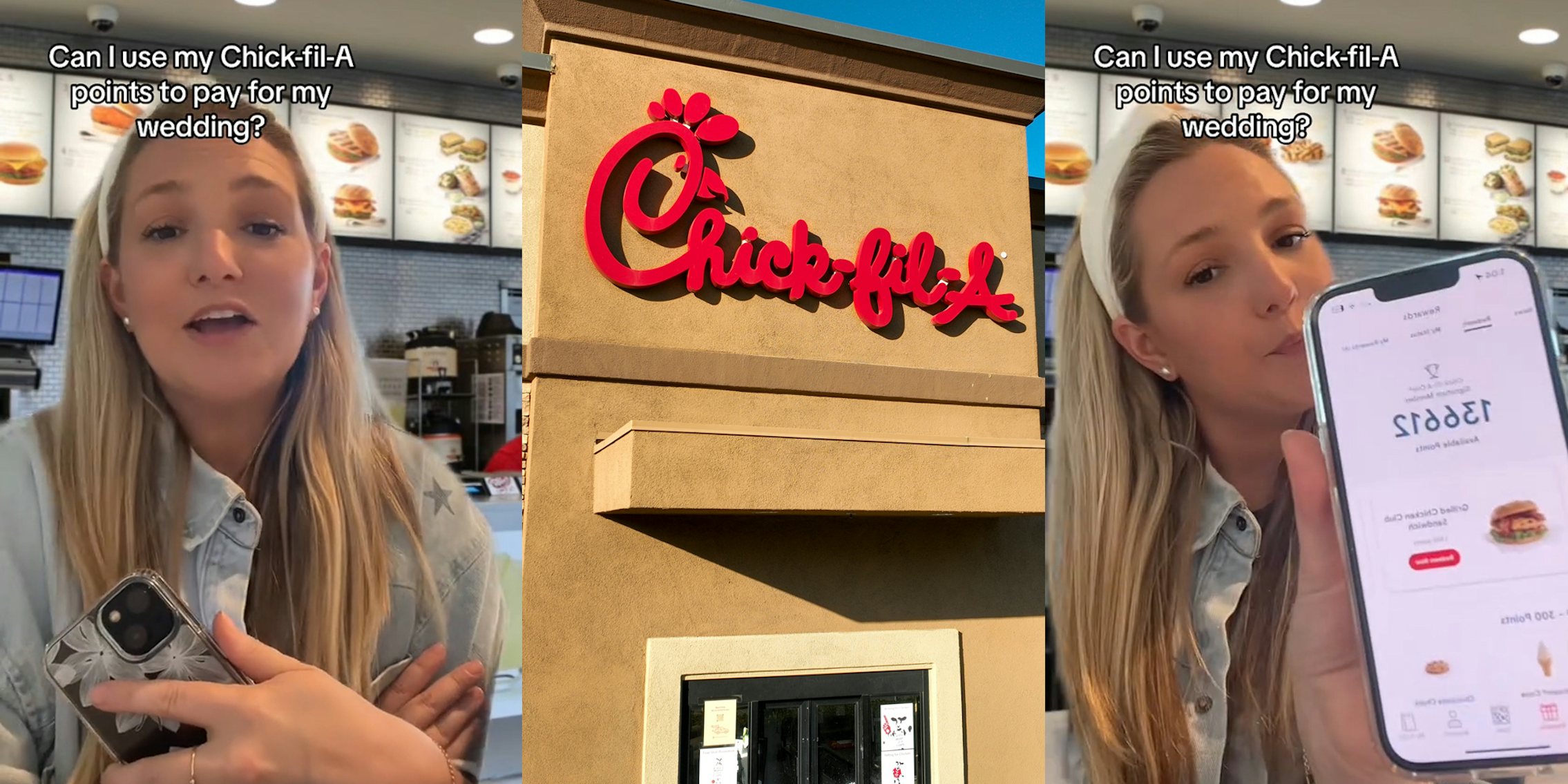 Chick-fil-A customer greenscreen TikTok over restaurant interior with caption 'Can I use my Chick-fil-A points to pay for my wedding?' (l) Chick-fil-A restaurant building with sign (c) Chick-Fil-A customer greenscreen TikTok holding phone over restaurant interior with caption 'Can I use my Chick-fil-A points to pay for my wedding?' (r)