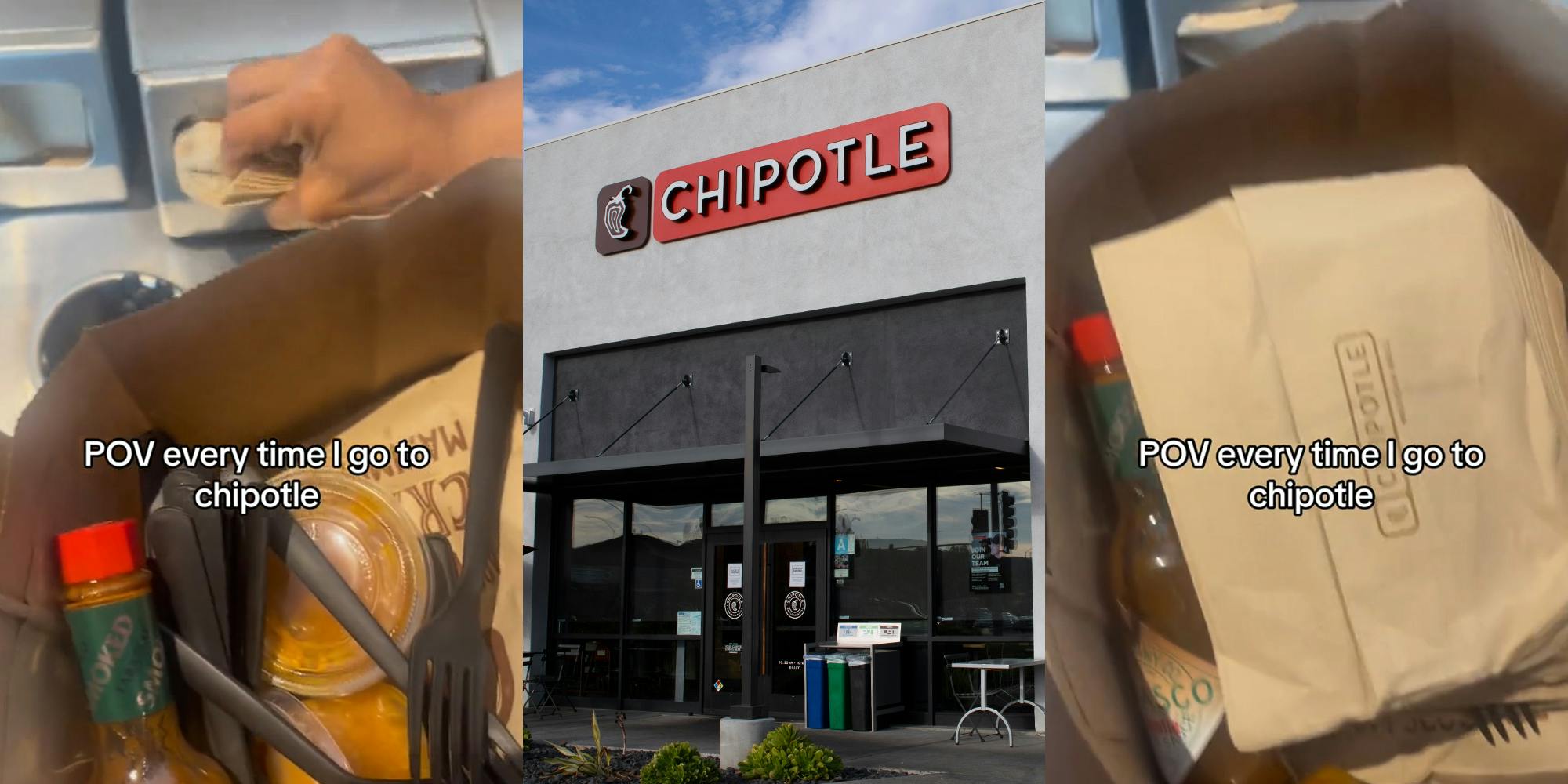 Chipotle customer grabbing pile of napkins with caption "POV every time I go to chipotle" (l) Chipotle building with sign (c) Chipotle bag full with caption "POV every time I go to Chipotle" (r)