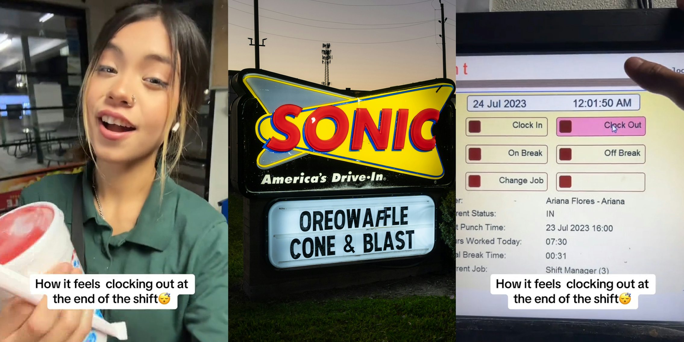 Sonic worker with caption 'How it feels clocking out at the end of the shift' (l) Sonic sign at night (c) Sonic touch screen menu with clock out option selected with caption 'How it feels clocking out at the end of the shift' (r)