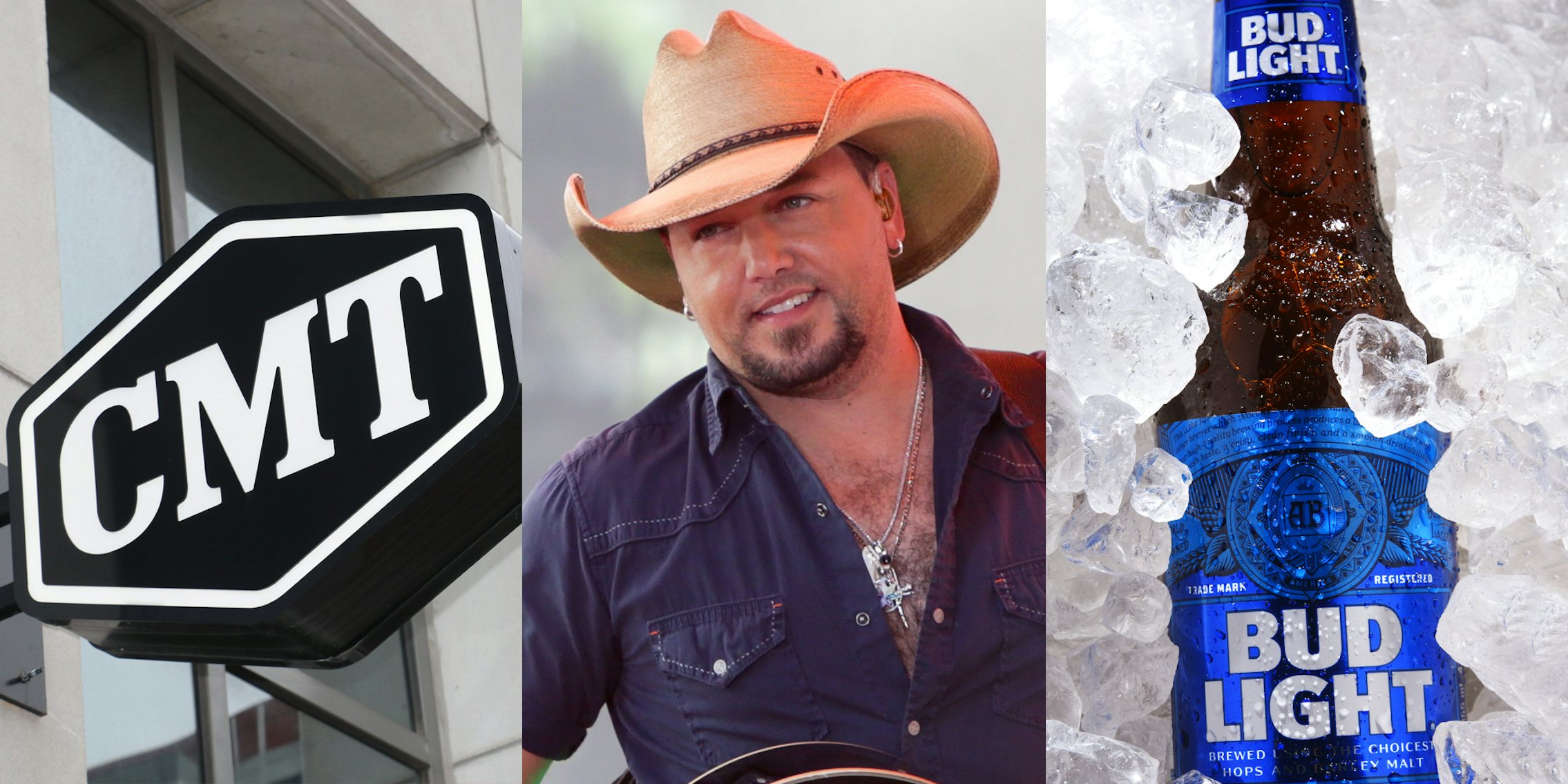 Country Music Television sign outside building (l) Jason Aldean (c) Bud Light bottle in glass' (r)