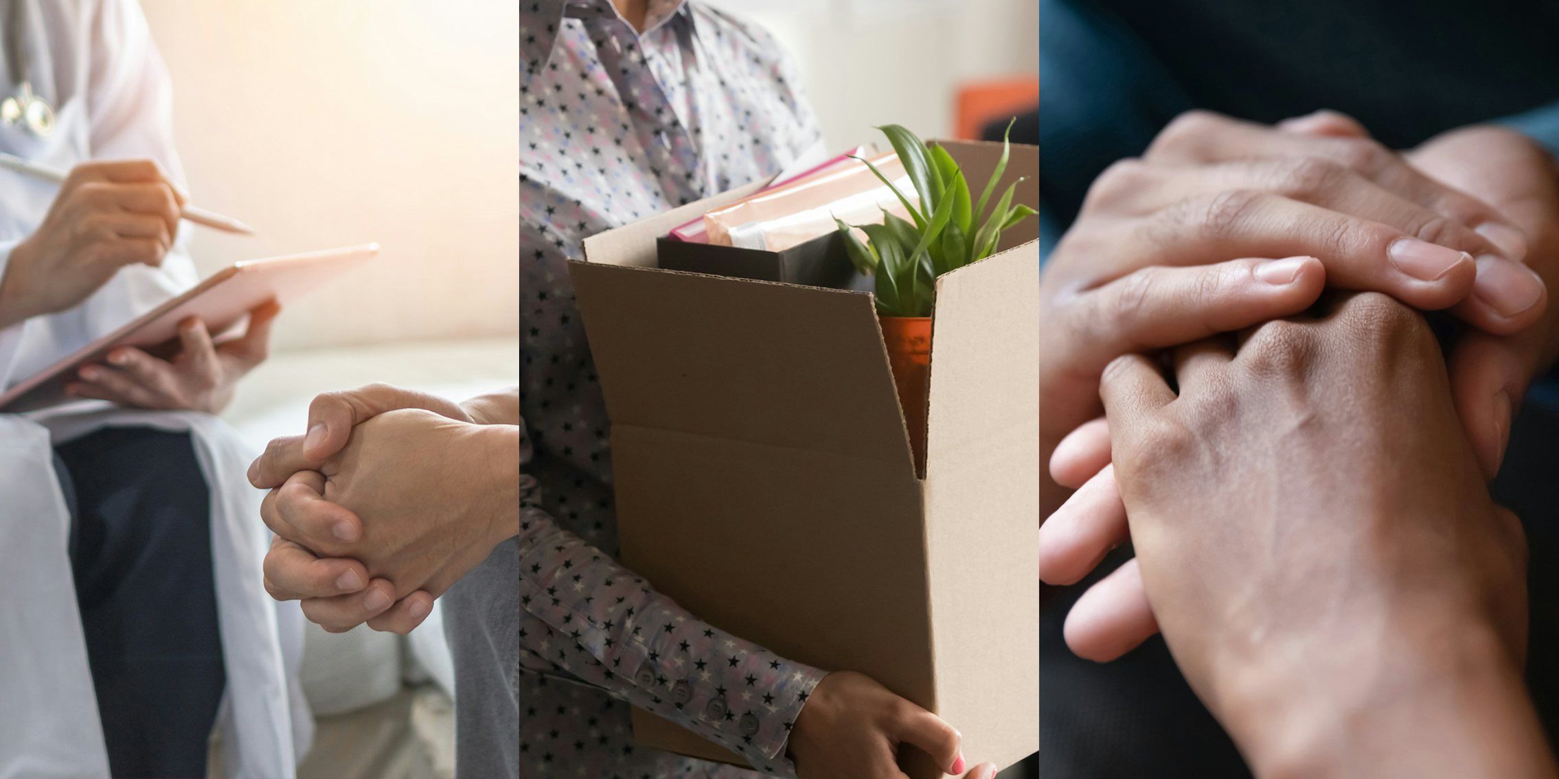 doctor telling patient diagnoses (l) office worker holding belongings in cardboard box (c) couple holding hands (r)