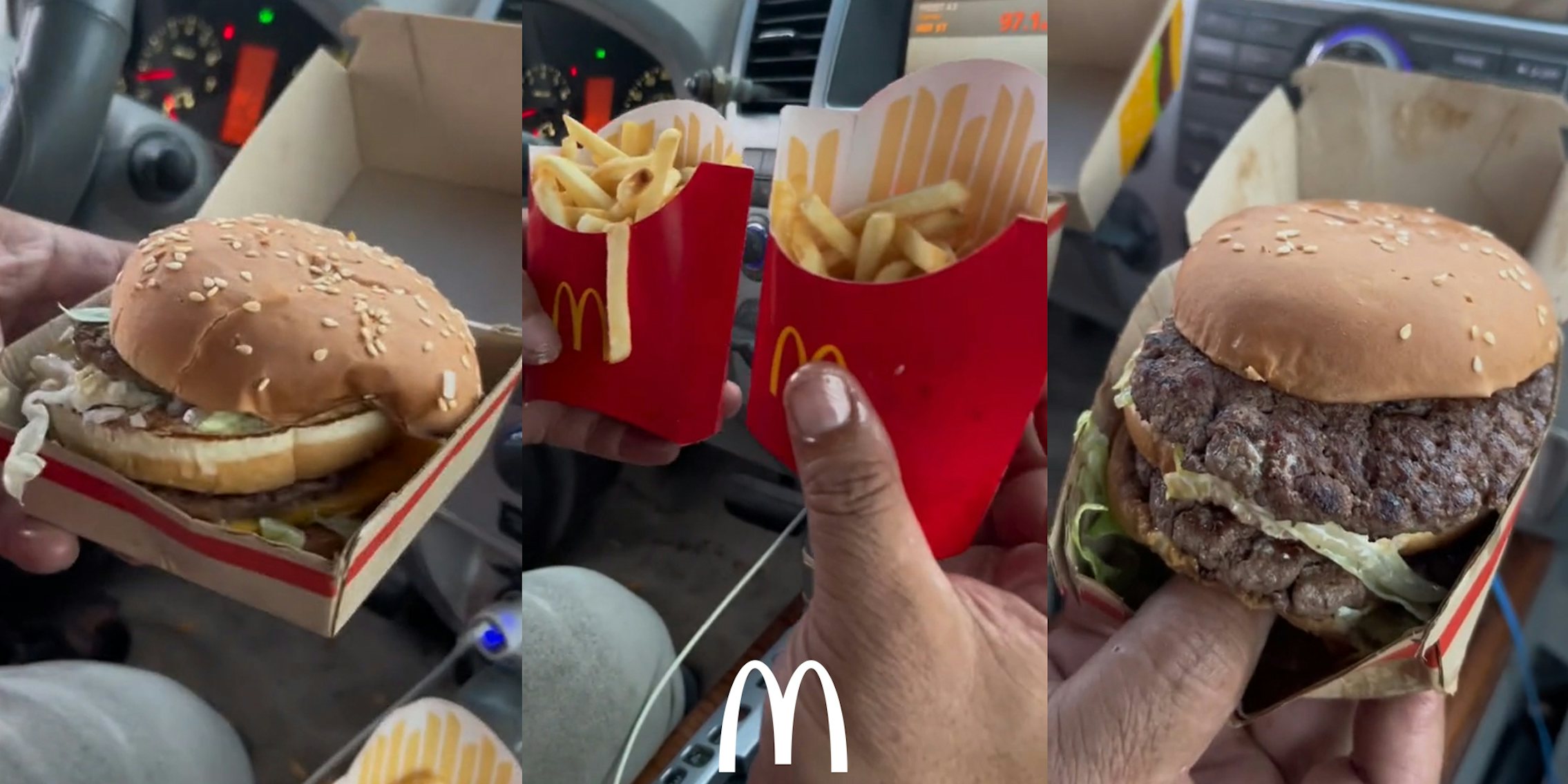 McDonald's Big Mac in hand in car (l) McDonald's fries hand in car with McDonald's 'm' logo at bottom (c) McDonald's Big Mac in hand in car (r)