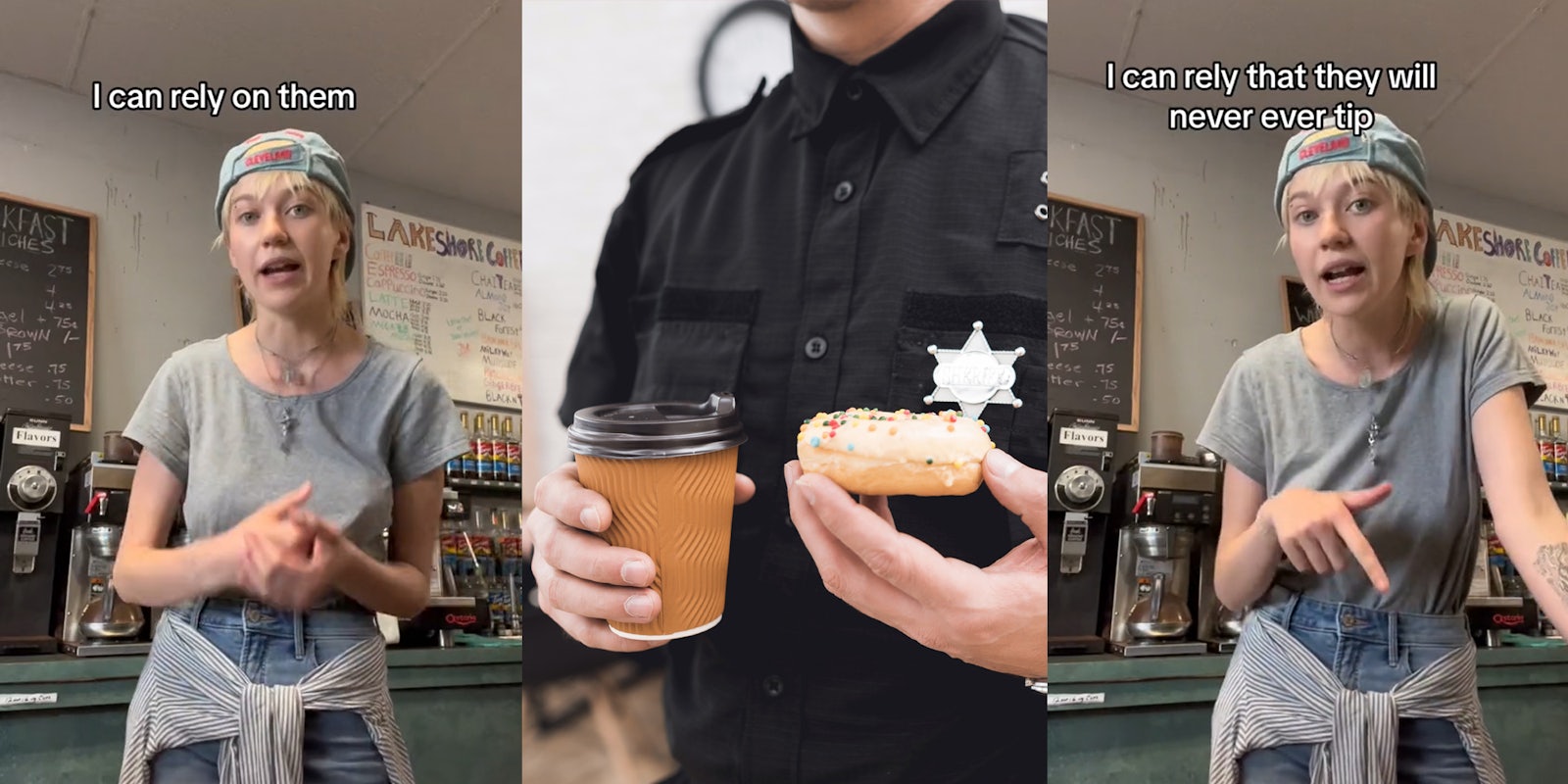 server speaking with caption 'I can rely on them' (l) cop holding coffee and donut (c) server speaking with caption 'I can rely that they will never ever tip' (r)