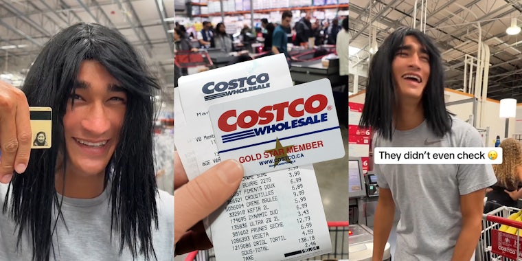 Costco customer in wig while holding mom's card (l) Costco customer holding receipt with card (c) Costco customer at checkout in wig with caption 'They didn't even check' (r)